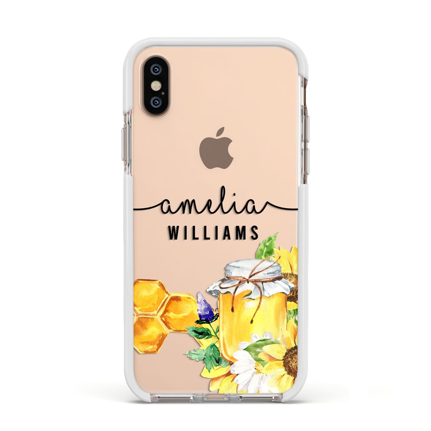 Honey Personalised Names Apple iPhone Xs Impact Case White Edge on Gold Phone