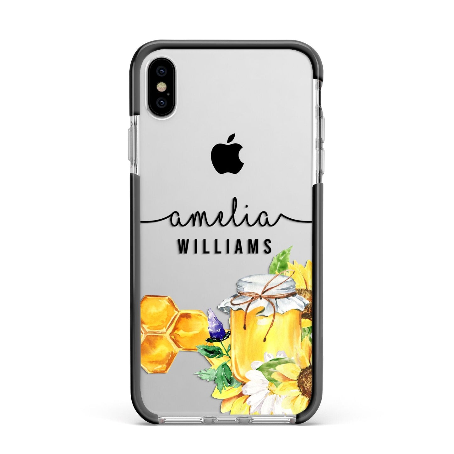Honey Personalised Names Apple iPhone Xs Max Impact Case Black Edge on Silver Phone