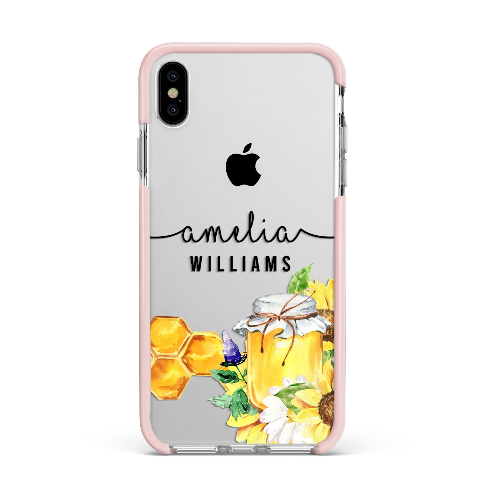 Honey Personalised Names Apple iPhone Xs Max Impact Case Pink Edge on Silver Phone
