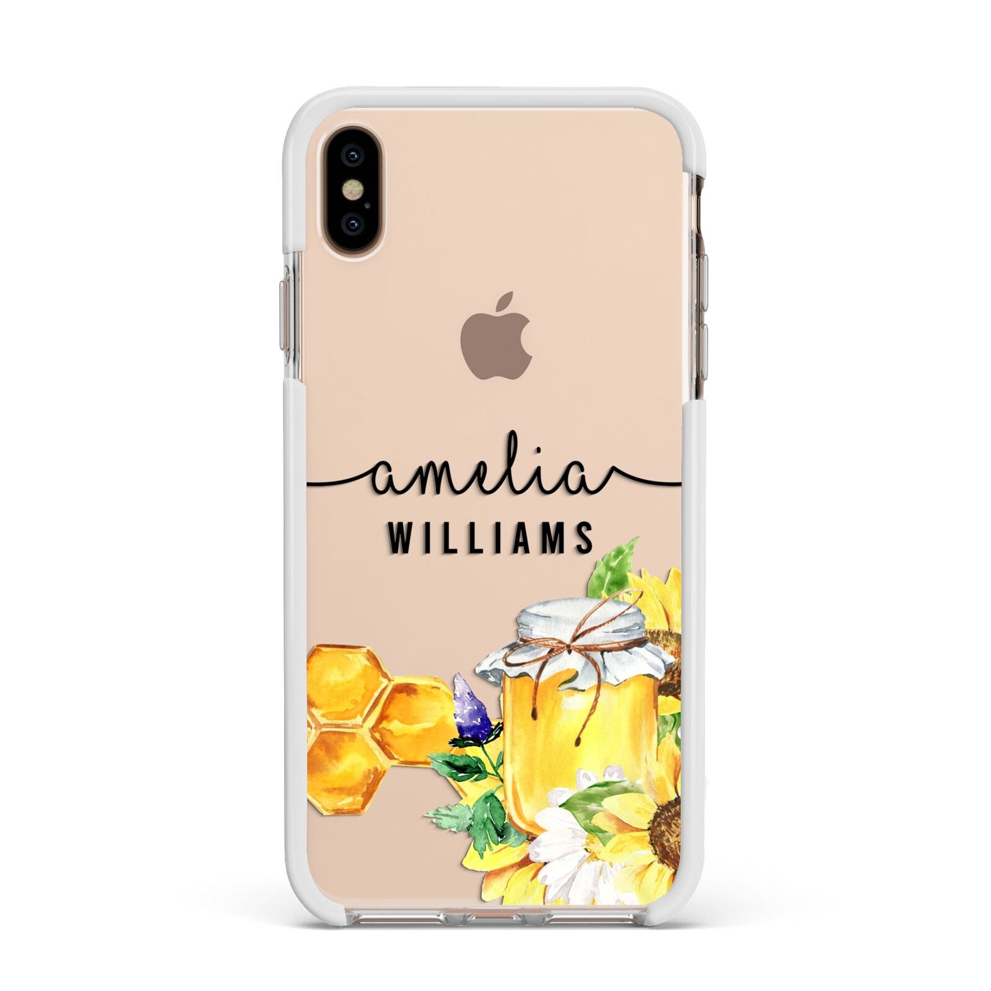 Honey Personalised Names Apple iPhone Xs Max Impact Case White Edge on Gold Phone