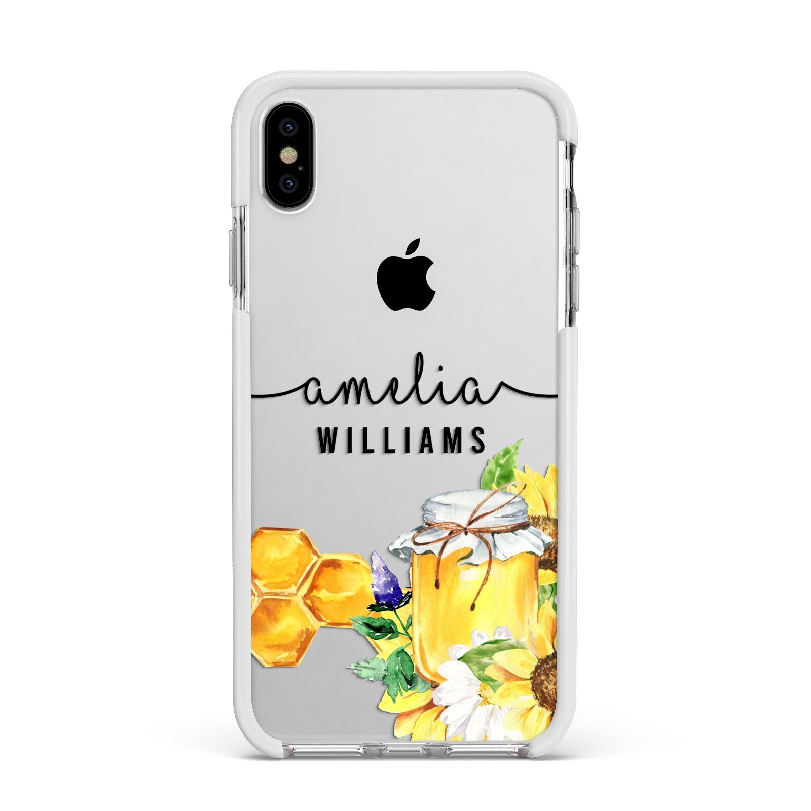 Honey Personalised Names Apple iPhone Xs Max Impact Case White Edge on Silver Phone