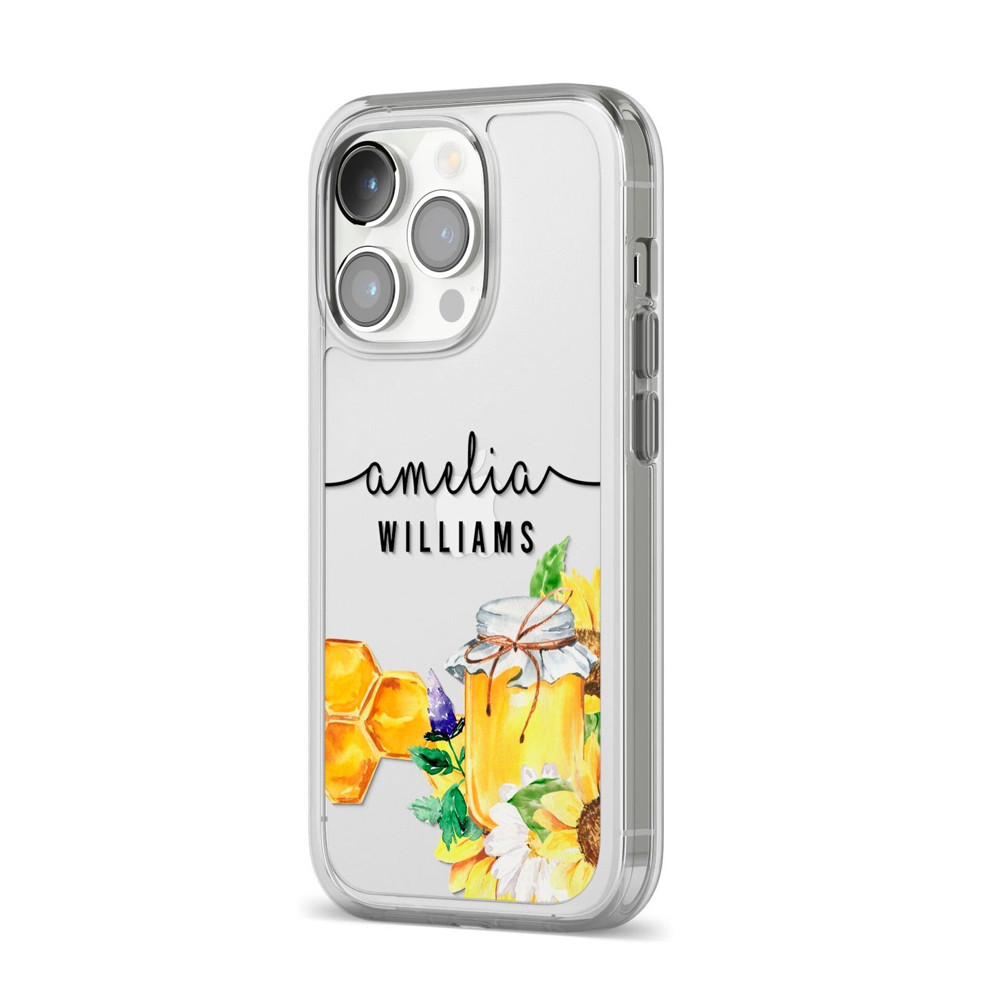 Honey Personalised Names iPhone 14 Pro Clear Tough Case Silver Angled Image