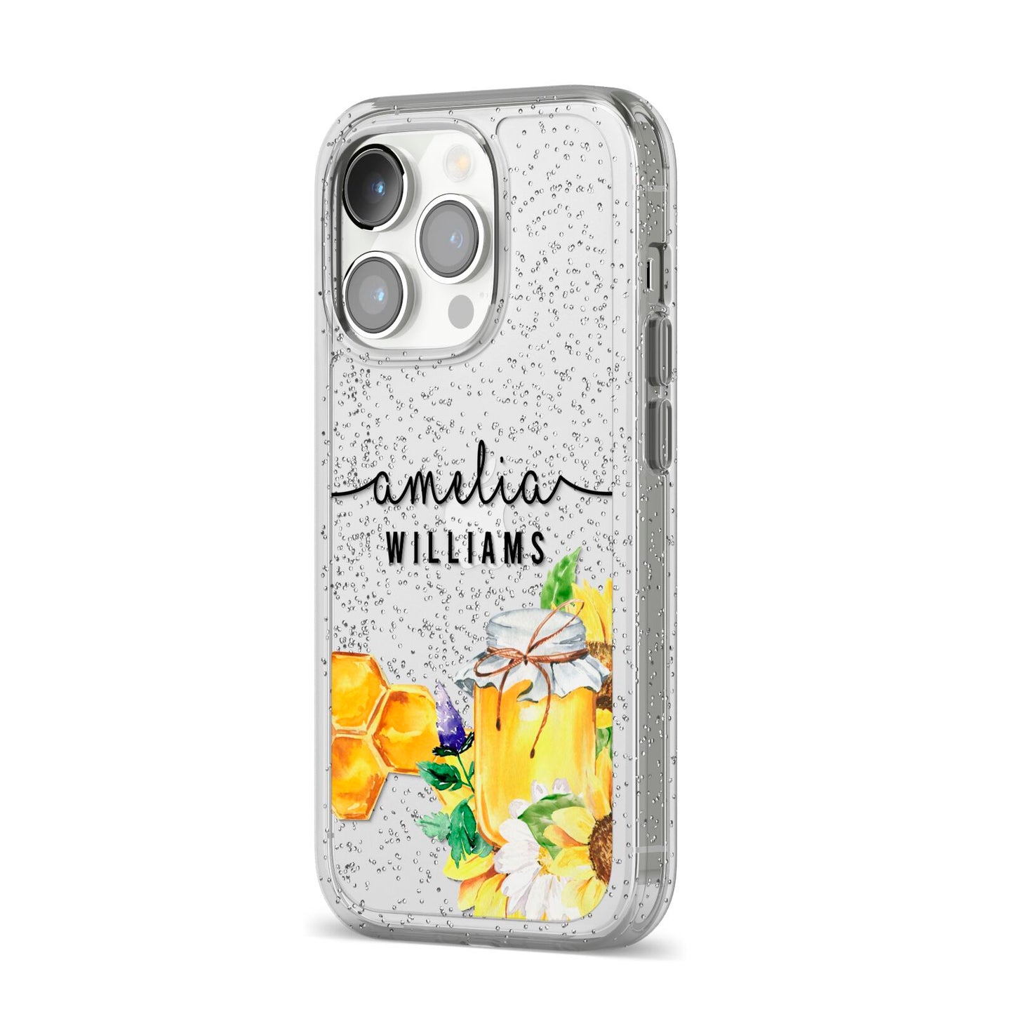 Honey Personalised Names iPhone 14 Pro Glitter Tough Case Silver Angled Image