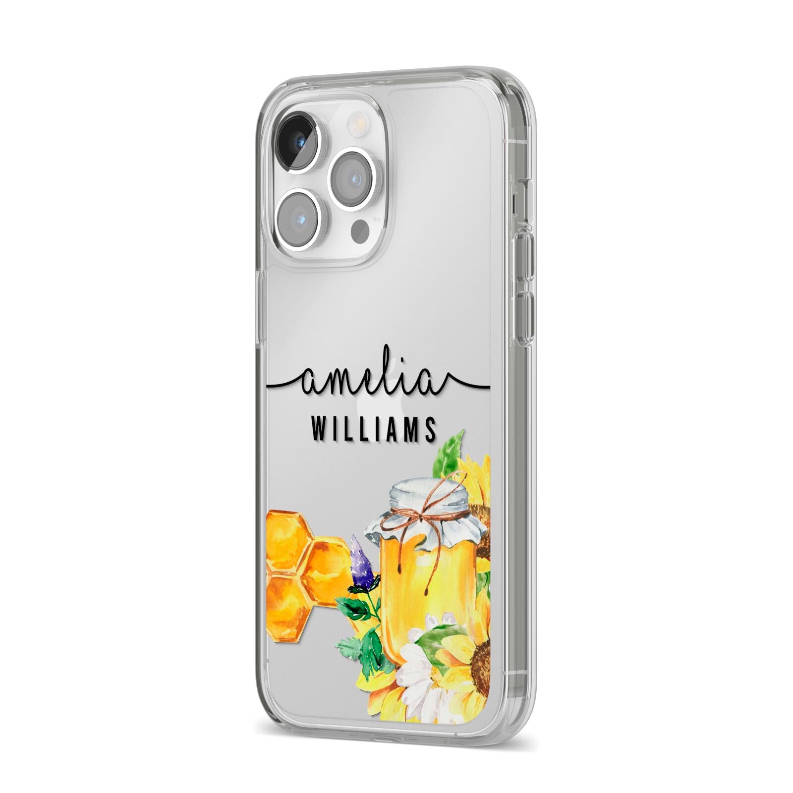 Honey Personalised Names iPhone 14 Pro Max Clear Tough Case Silver Angled Image
