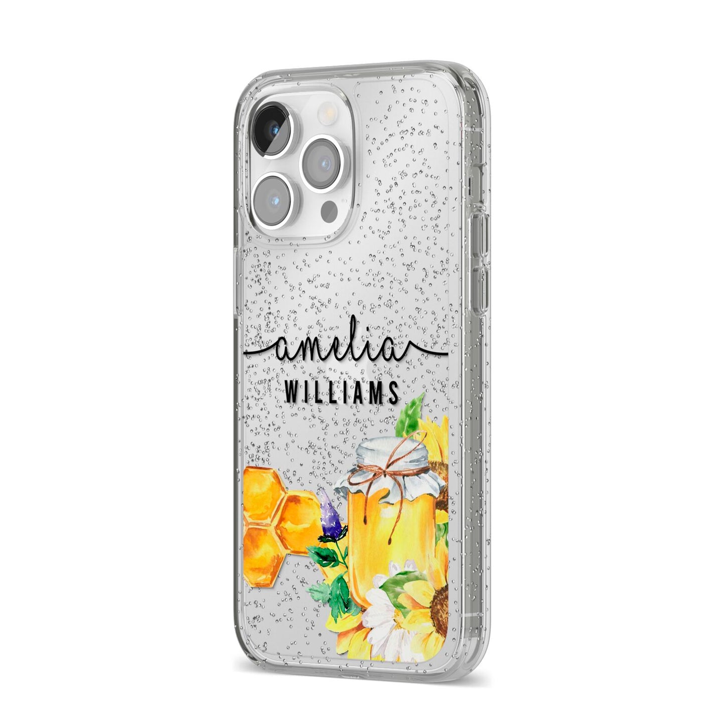 Honey Personalised Names iPhone 14 Pro Max Glitter Tough Case Silver Angled Image