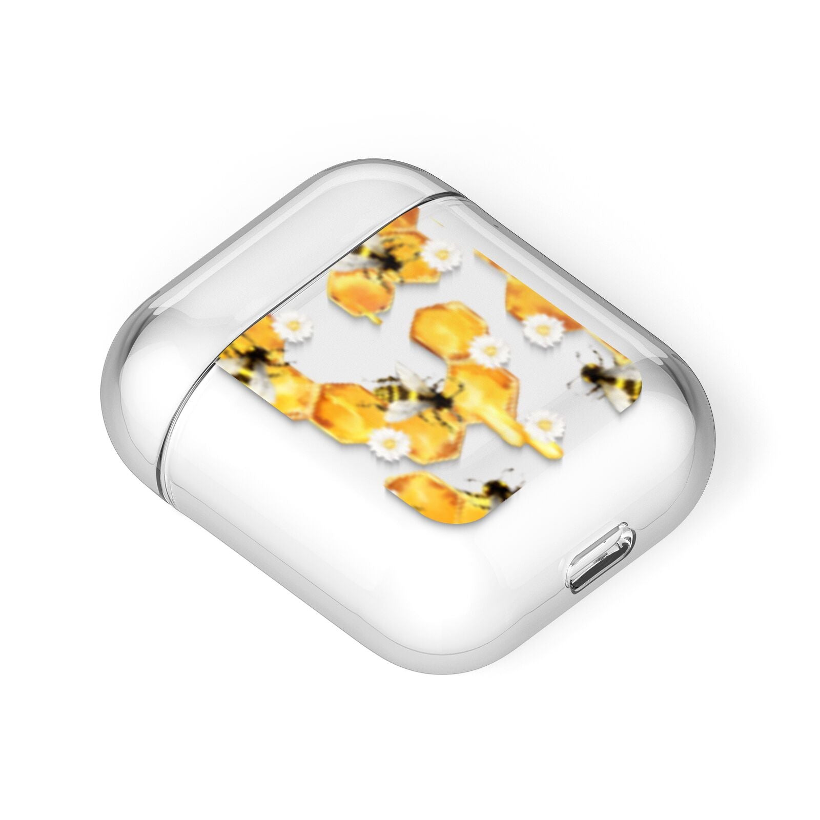 Honeycomb with Bees and Daisies AirPods Case Laid Flat