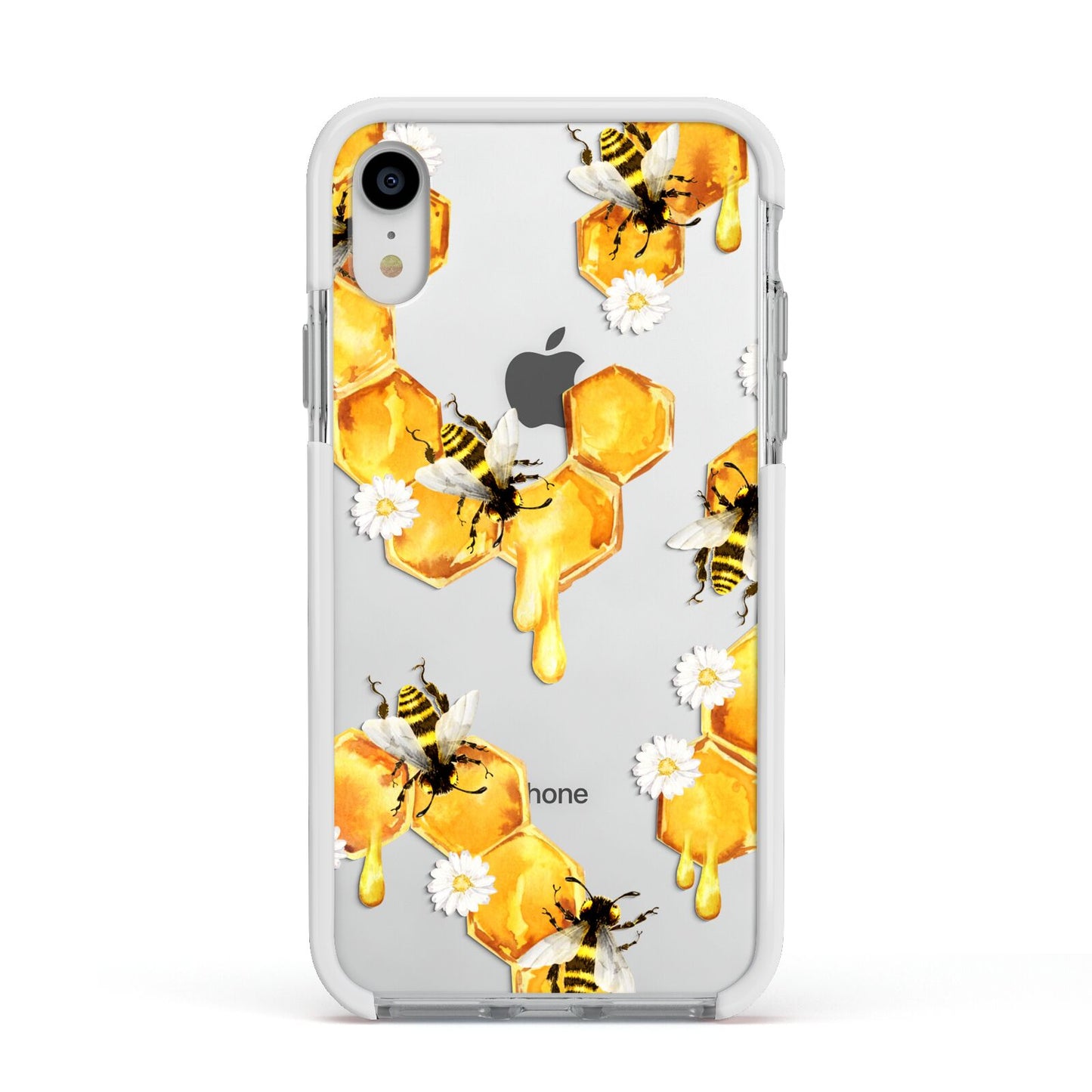 Honeycomb with Bees and Daisies Apple iPhone XR Impact Case White Edge on Silver Phone