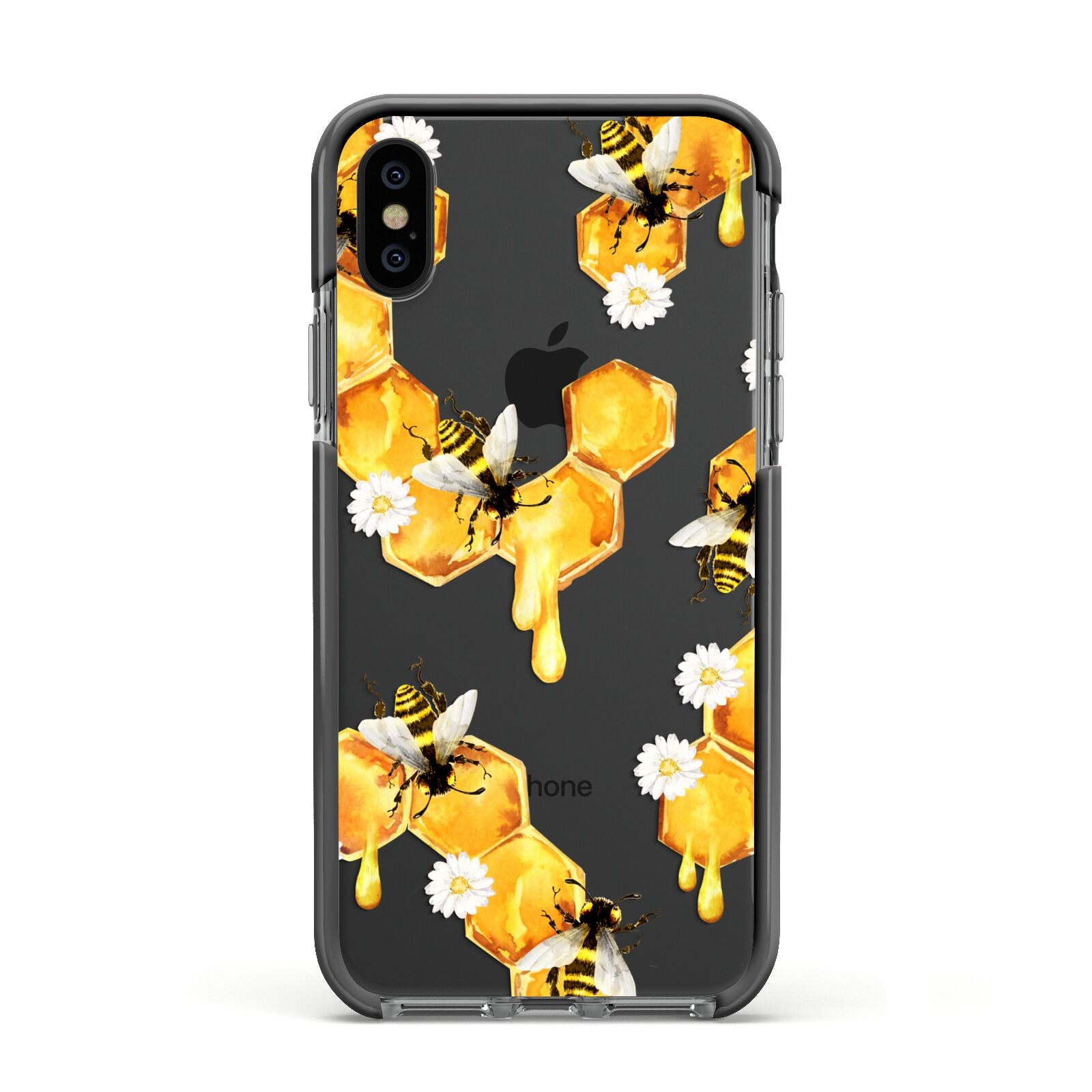 Honeycomb with Bees and Daisies Apple iPhone Xs Impact Case Black Edge on Black Phone