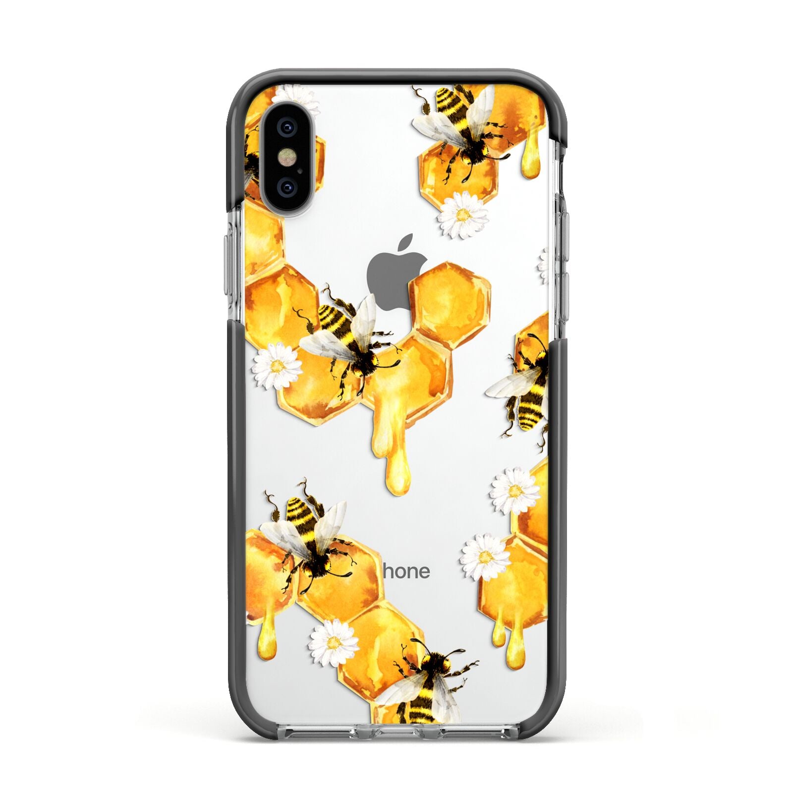 Honeycomb with Bees and Daisies Apple iPhone Xs Impact Case Black Edge on Silver Phone