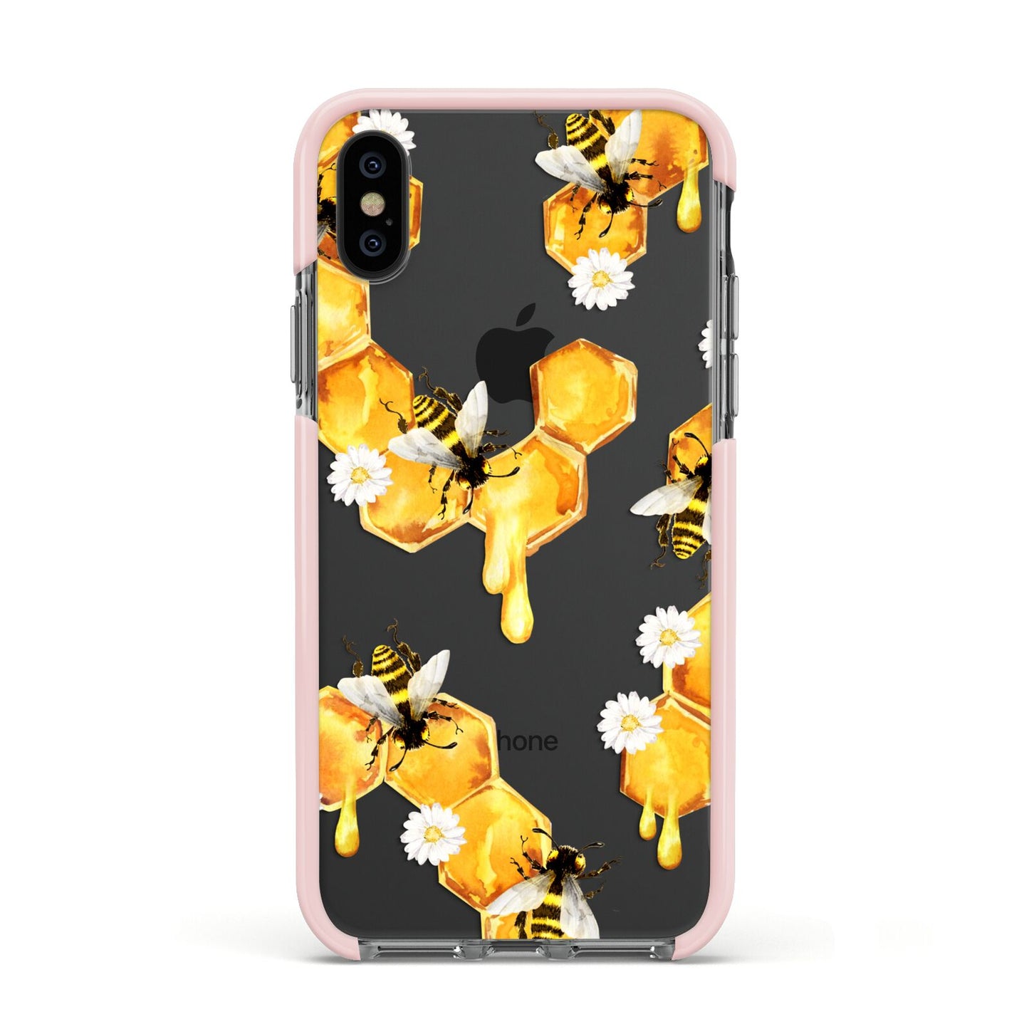 Honeycomb with Bees and Daisies Apple iPhone Xs Impact Case Pink Edge on Black Phone