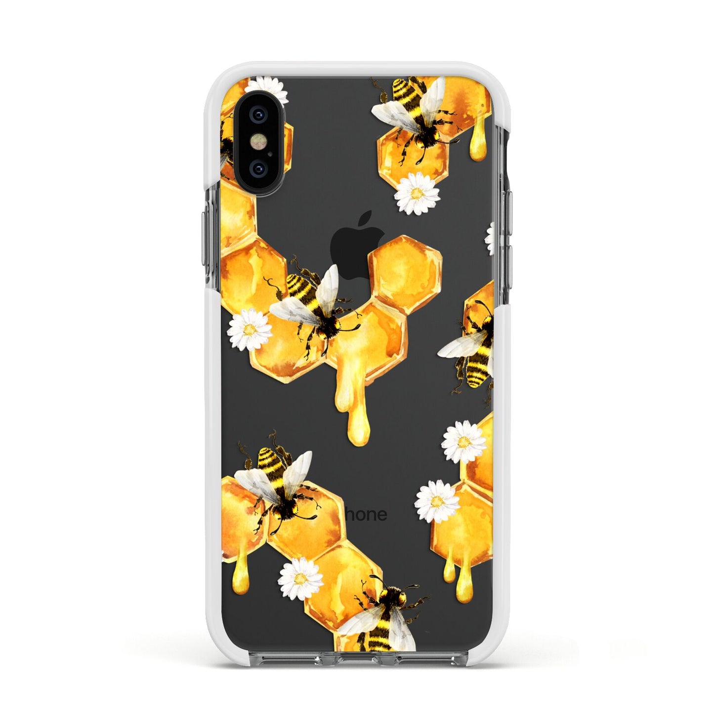 Honeycomb with Bees and Daisies Apple iPhone Xs Impact Case White Edge on Black Phone