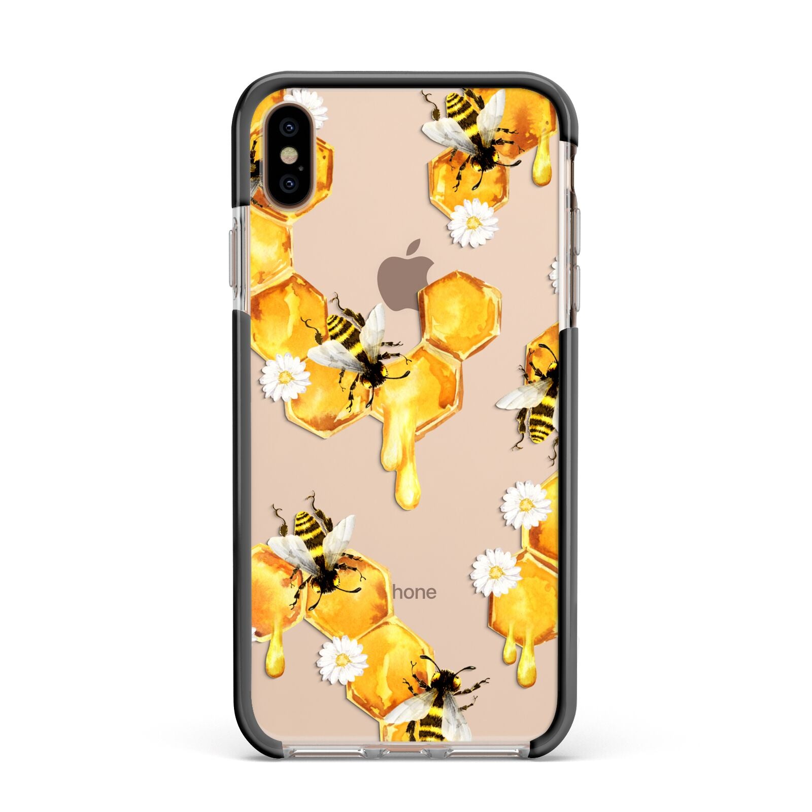 Honeycomb with Bees and Daisies Apple iPhone Xs Max Impact Case Black Edge on Gold Phone