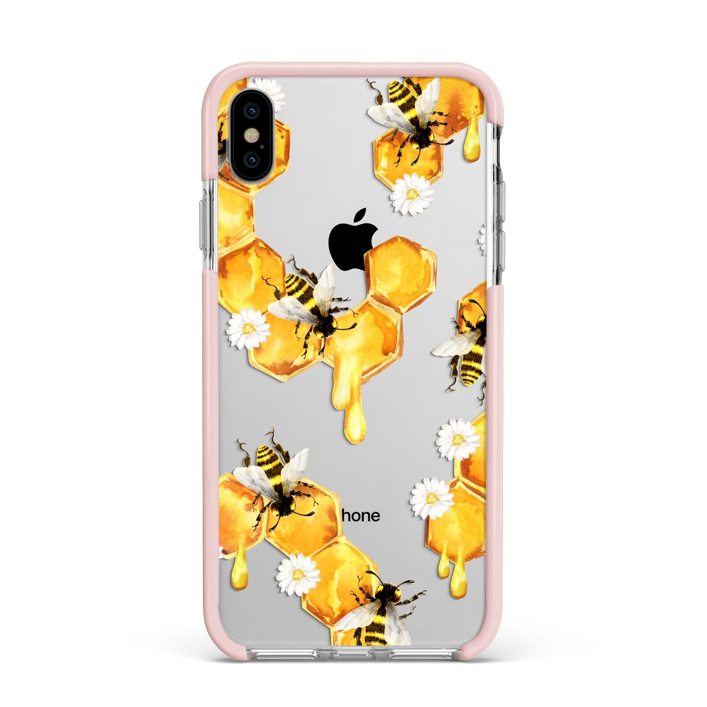 Honeycomb with Bees and Daisies Apple iPhone Xs Max Impact Case Pink Edge on Silver Phone