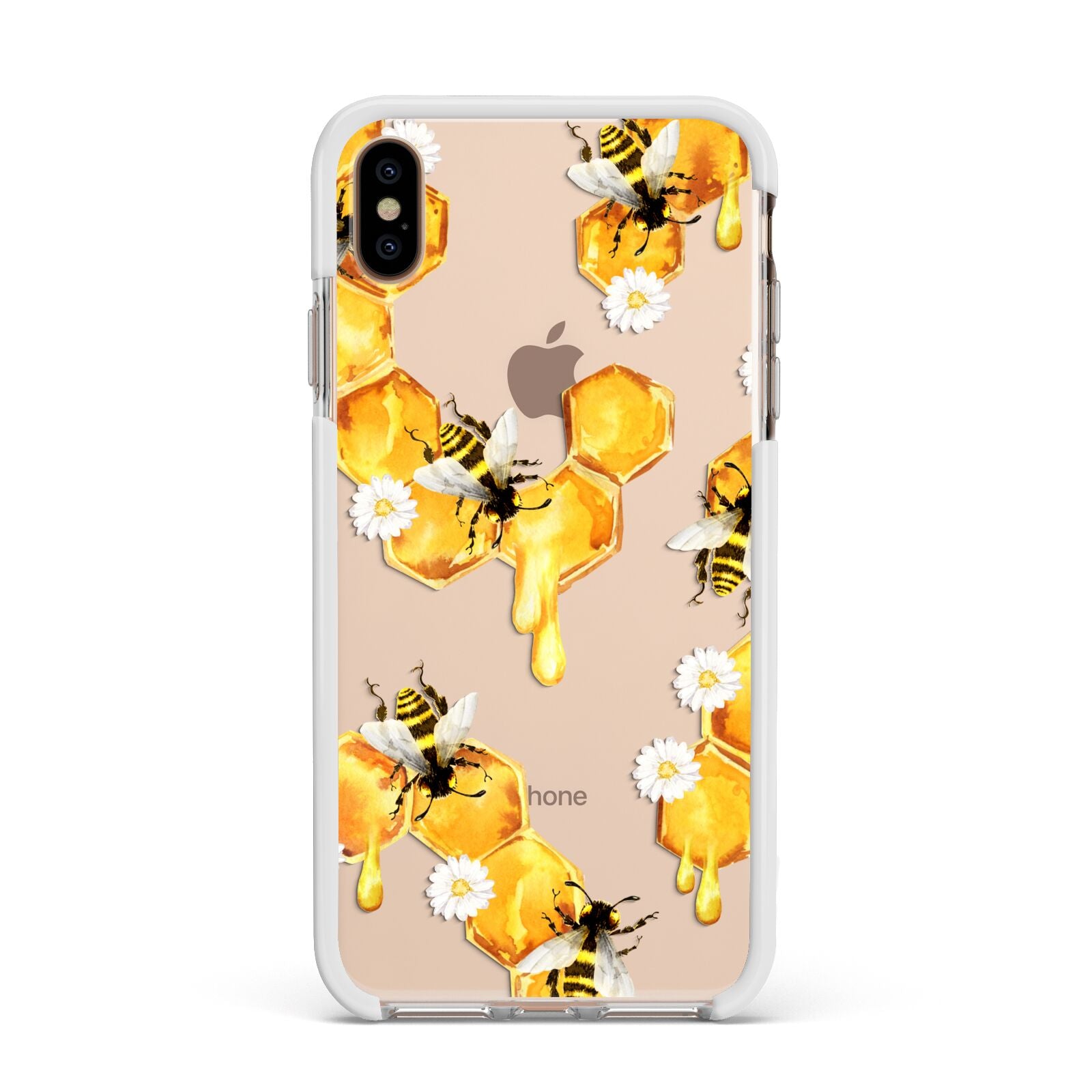 Honeycomb with Bees and Daisies Apple iPhone Xs Max Impact Case White Edge on Gold Phone