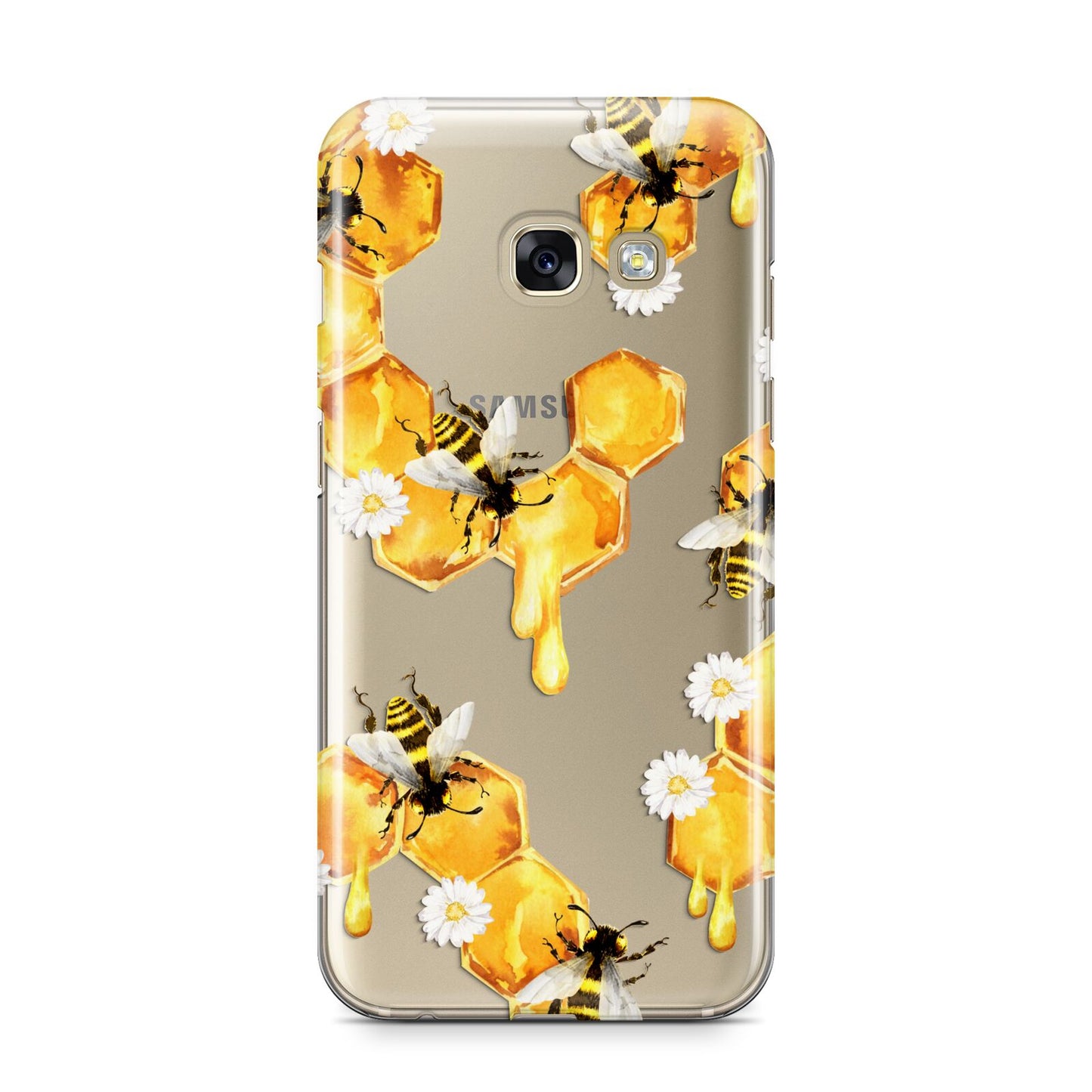 Honeycomb with Bees and Daisies Samsung Galaxy A3 2017 Case on gold phone