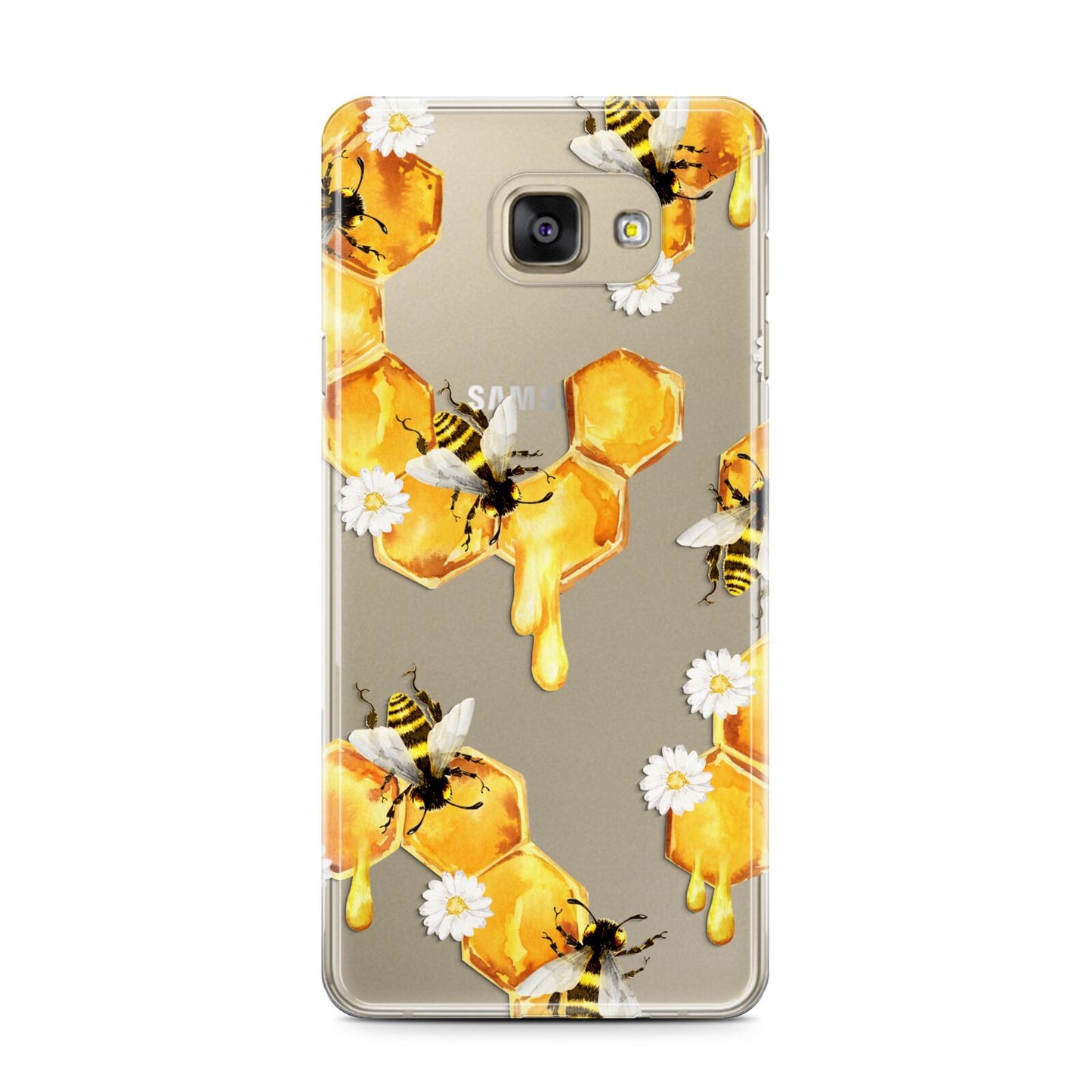 Honeycomb with Bees and Daisies Samsung Galaxy A7 2016 Case on gold phone