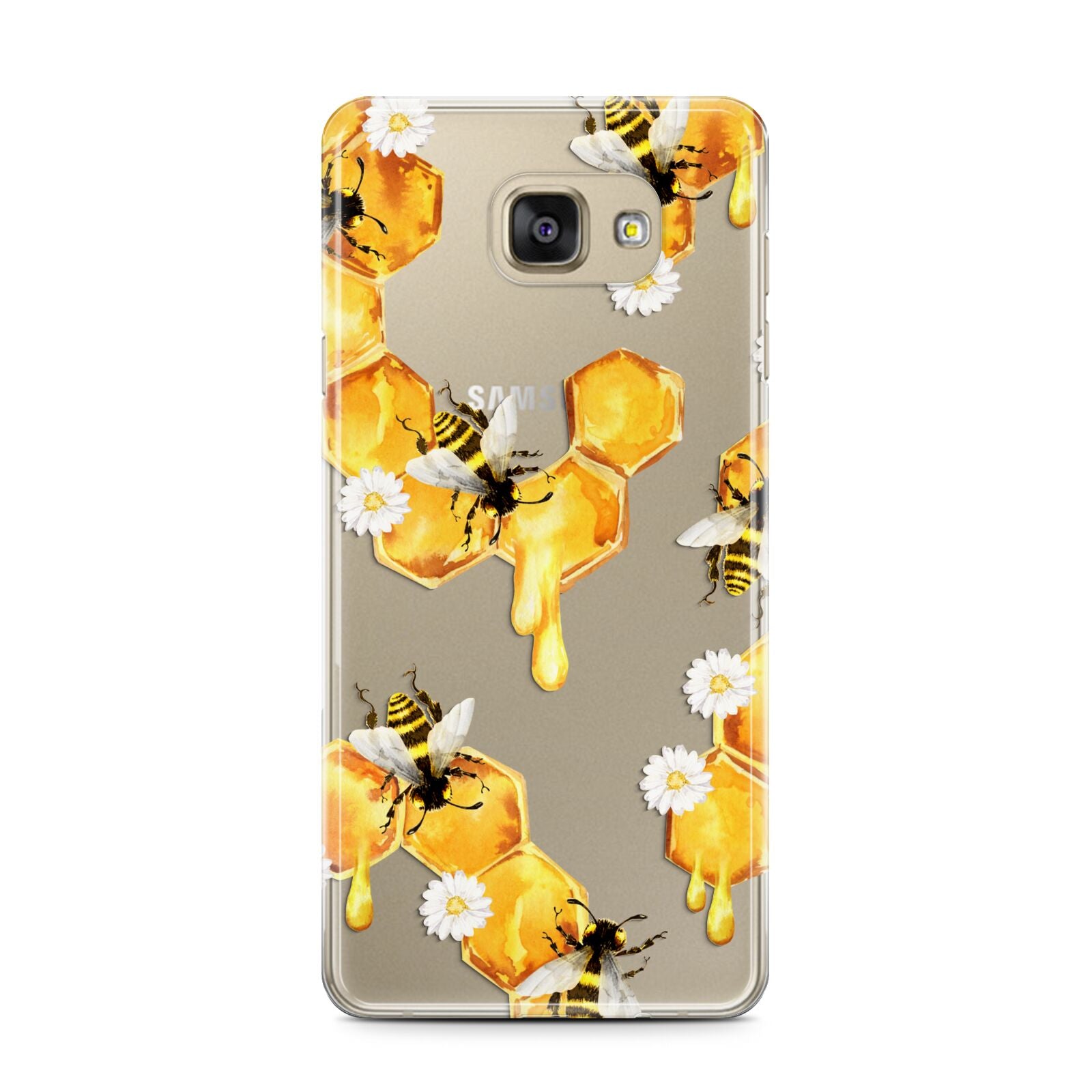 Honeycomb with Bees and Daisies Samsung Galaxy A7 2016 Case on gold phone