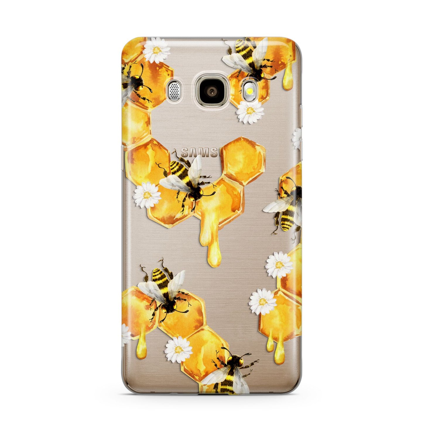 Honeycomb with Bees and Daisies Samsung Galaxy J7 2016 Case on gold phone