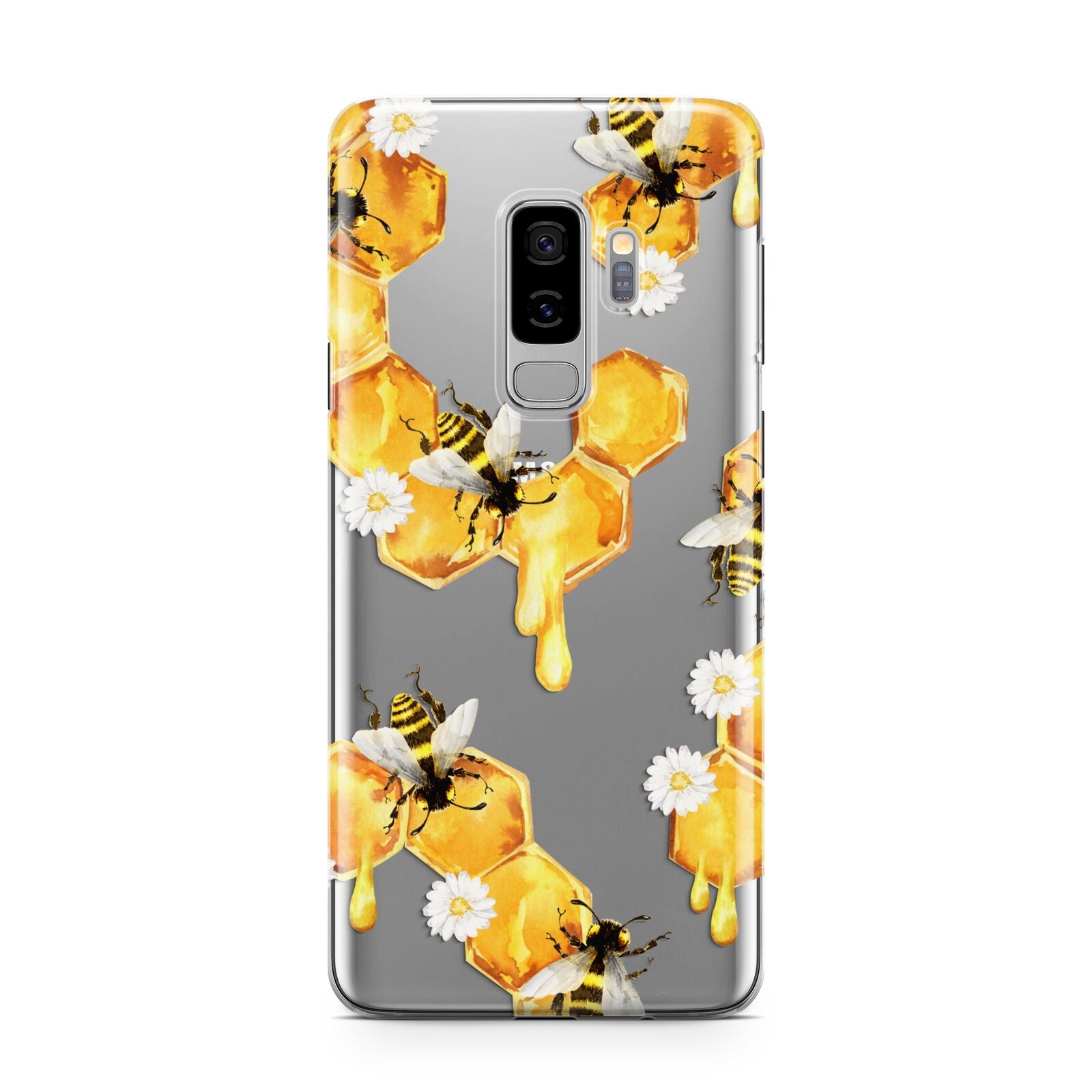 Honeycomb with Bees and Daisies Samsung Galaxy S9 Plus Case on Silver phone