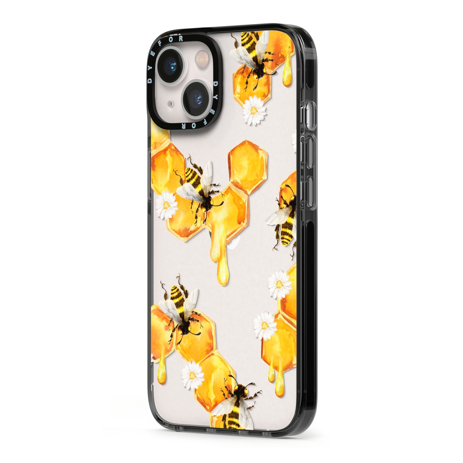 Honeycomb with Bees and Daisies iPhone 13 Black Impact Case Side Angle on Silver phone