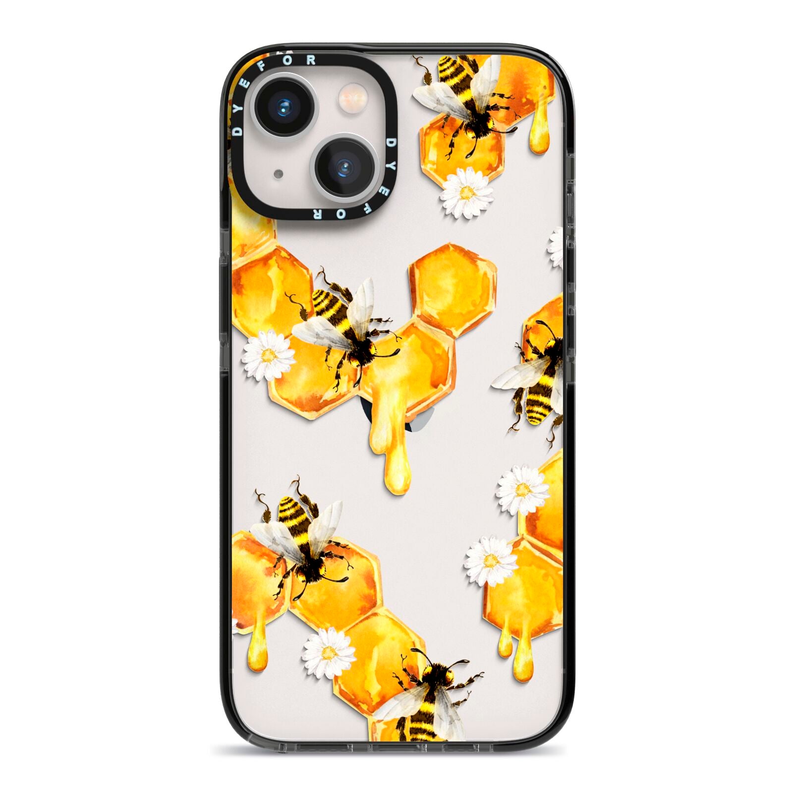 Honeycomb with Bees and Daisies iPhone 13 Black Impact Case on Silver phone