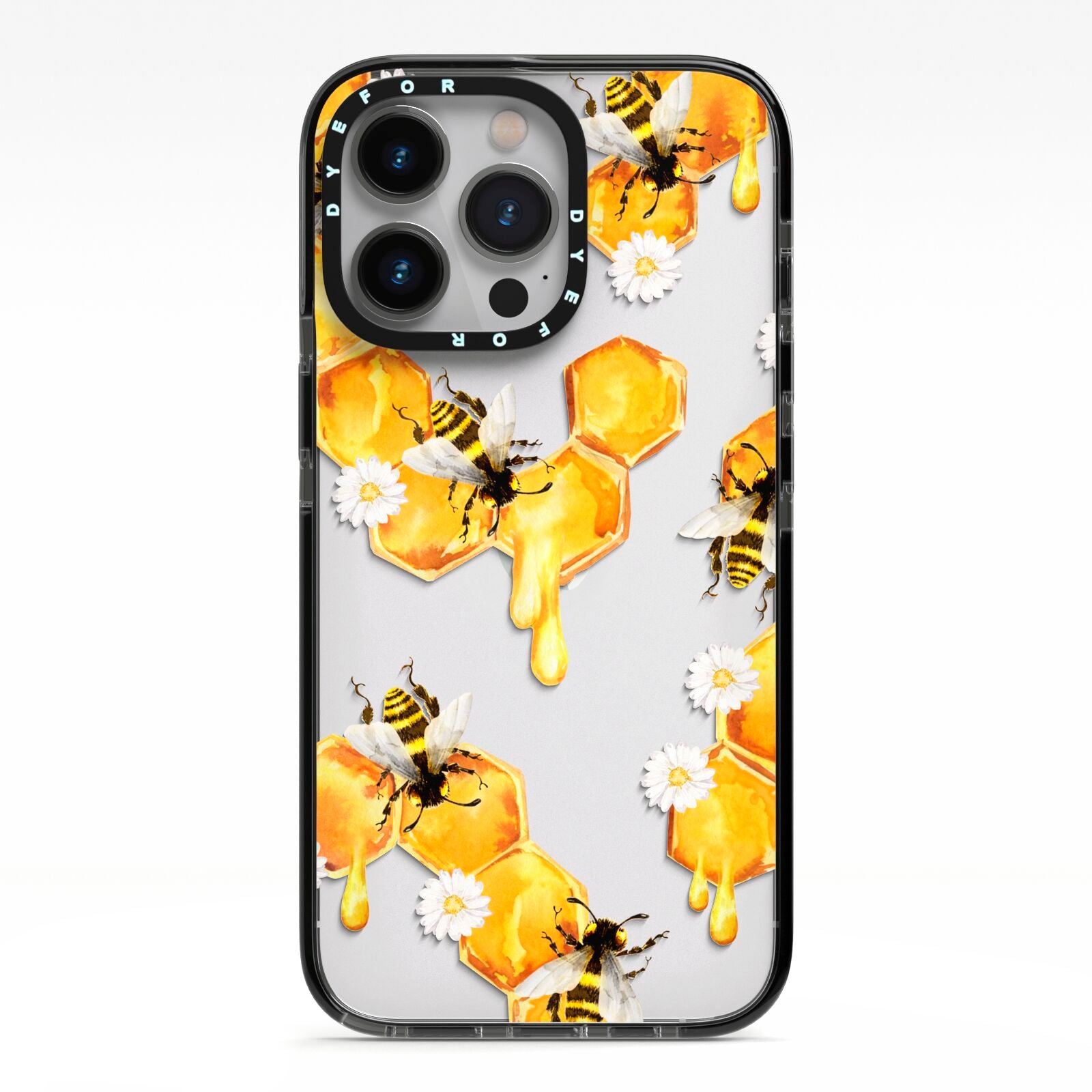 Honeycomb with Bees and Daisies iPhone 13 Pro Black Impact Case on Silver phone