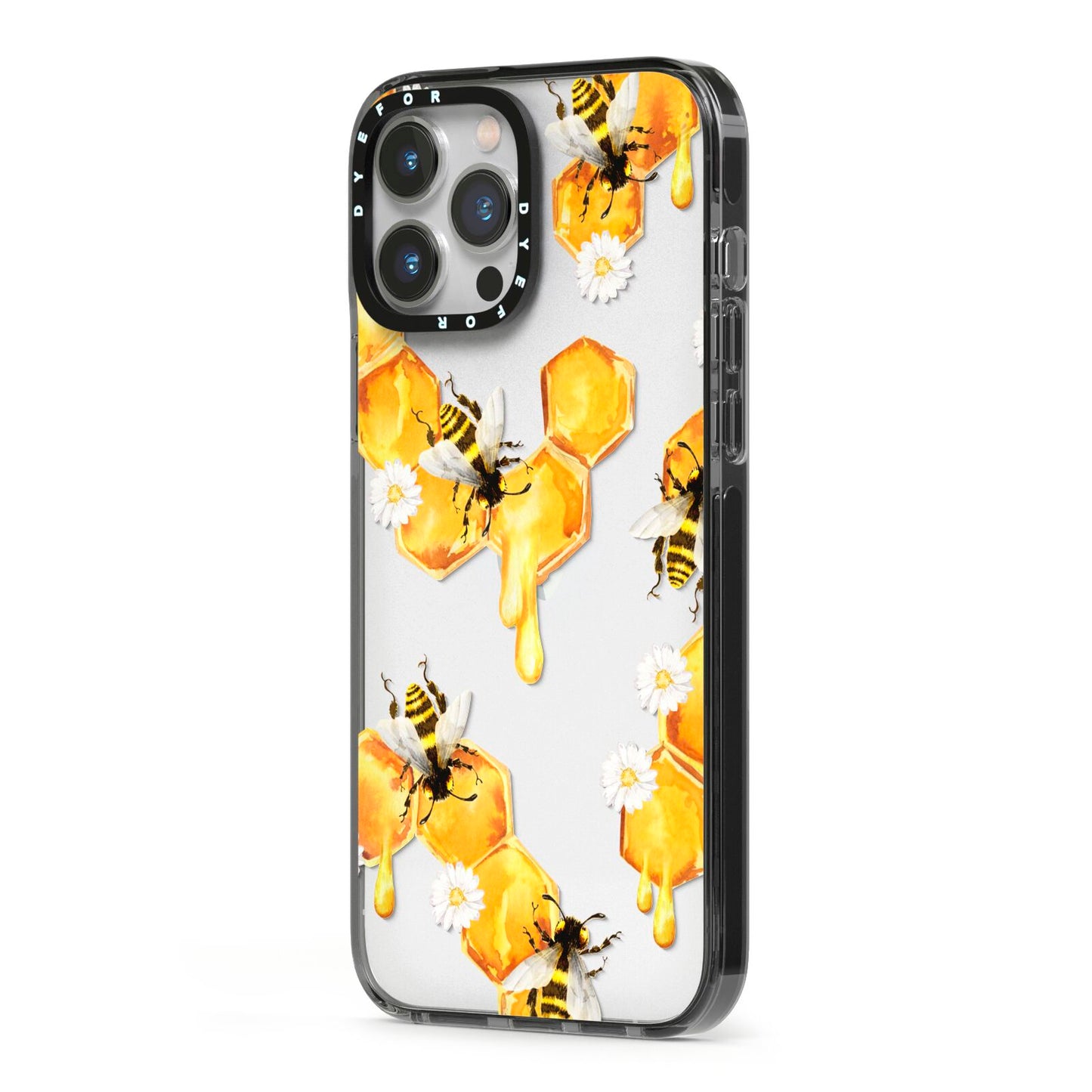 Honeycomb with Bees and Daisies iPhone 13 Pro Max Black Impact Case Side Angle on Silver phone