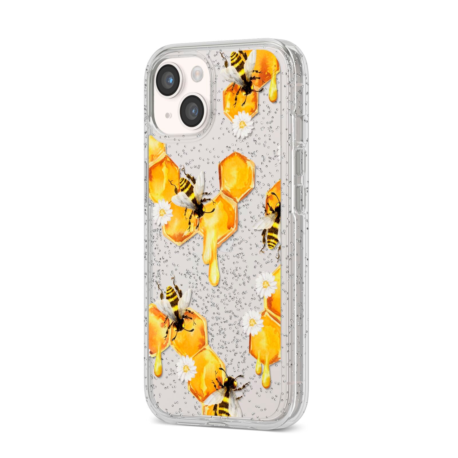 Honeycomb with Bees and Daisies iPhone 14 Glitter Tough Case Starlight Angled Image