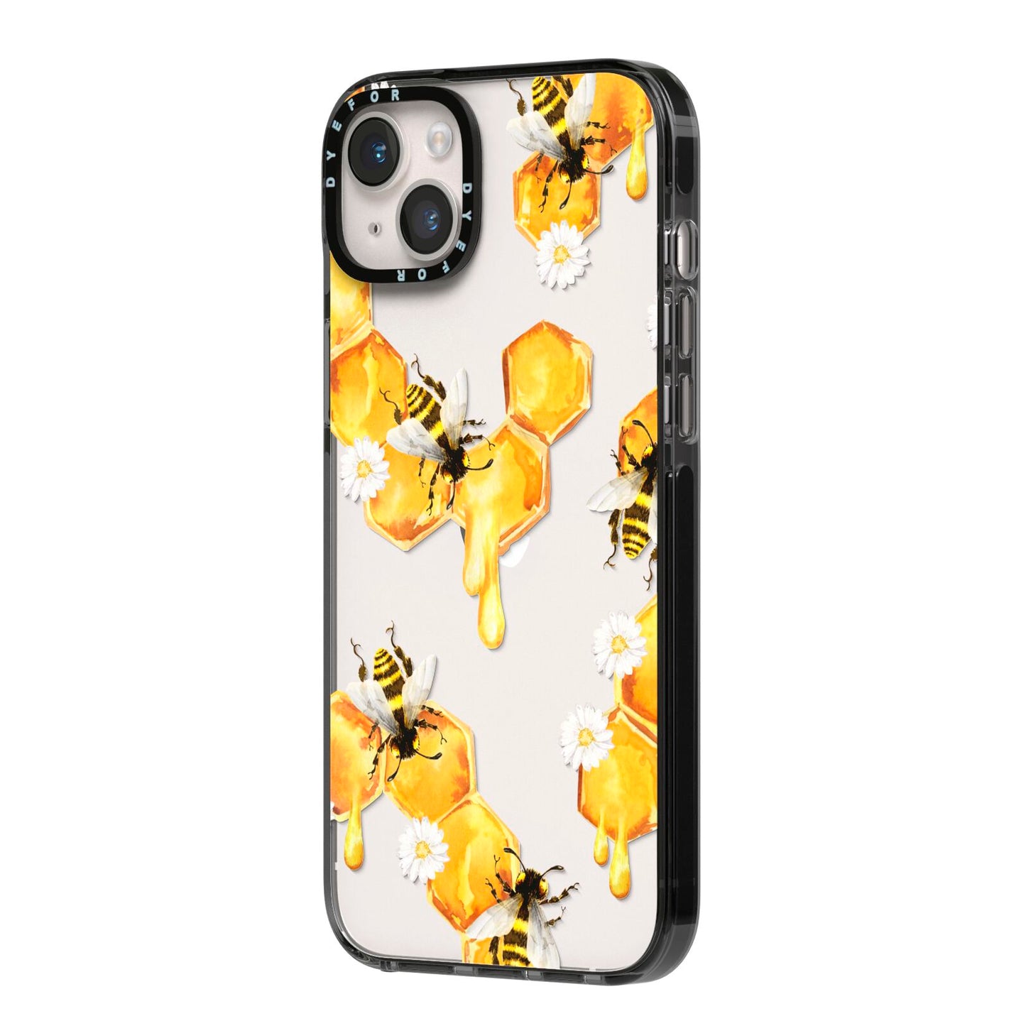 Honeycomb with Bees and Daisies iPhone 14 Plus Black Impact Case Side Angle on Silver phone