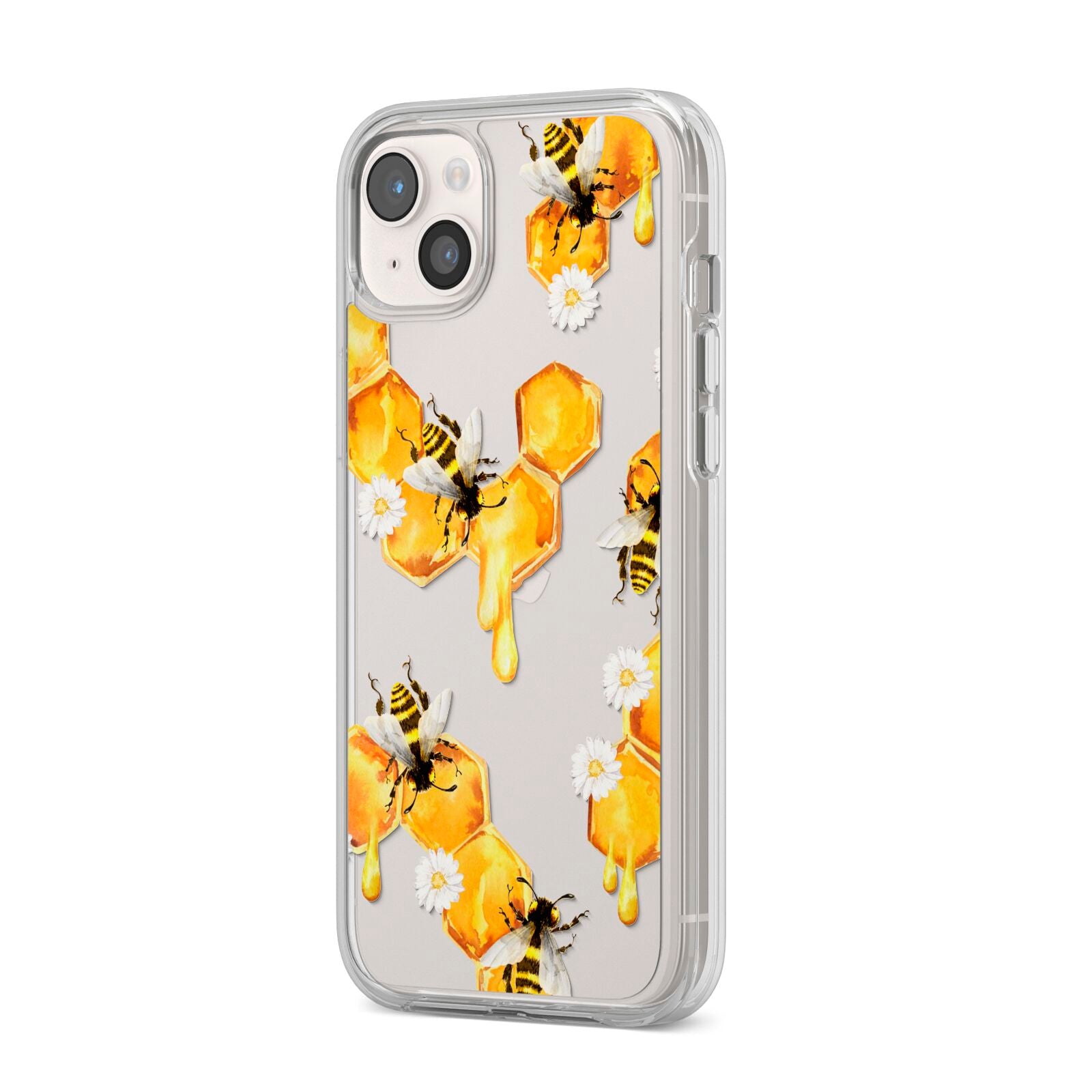 Honeycomb with Bees and Daisies iPhone 14 Plus Clear Tough Case Starlight Angled Image