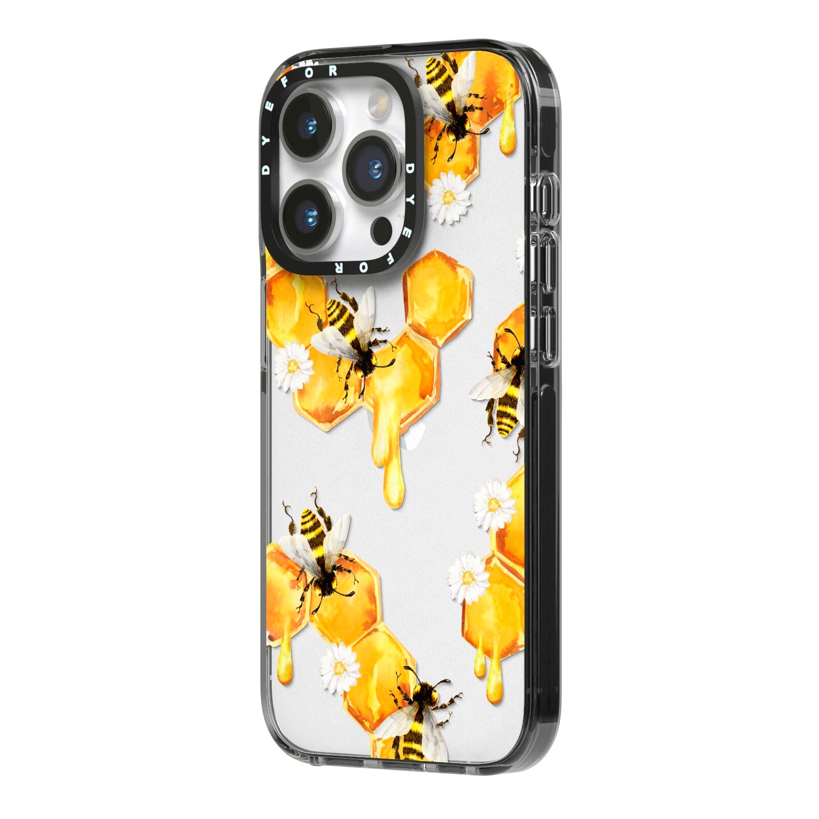 Honeycomb with Bees and Daisies iPhone 14 Pro Black Impact Case Side Angle on Silver phone