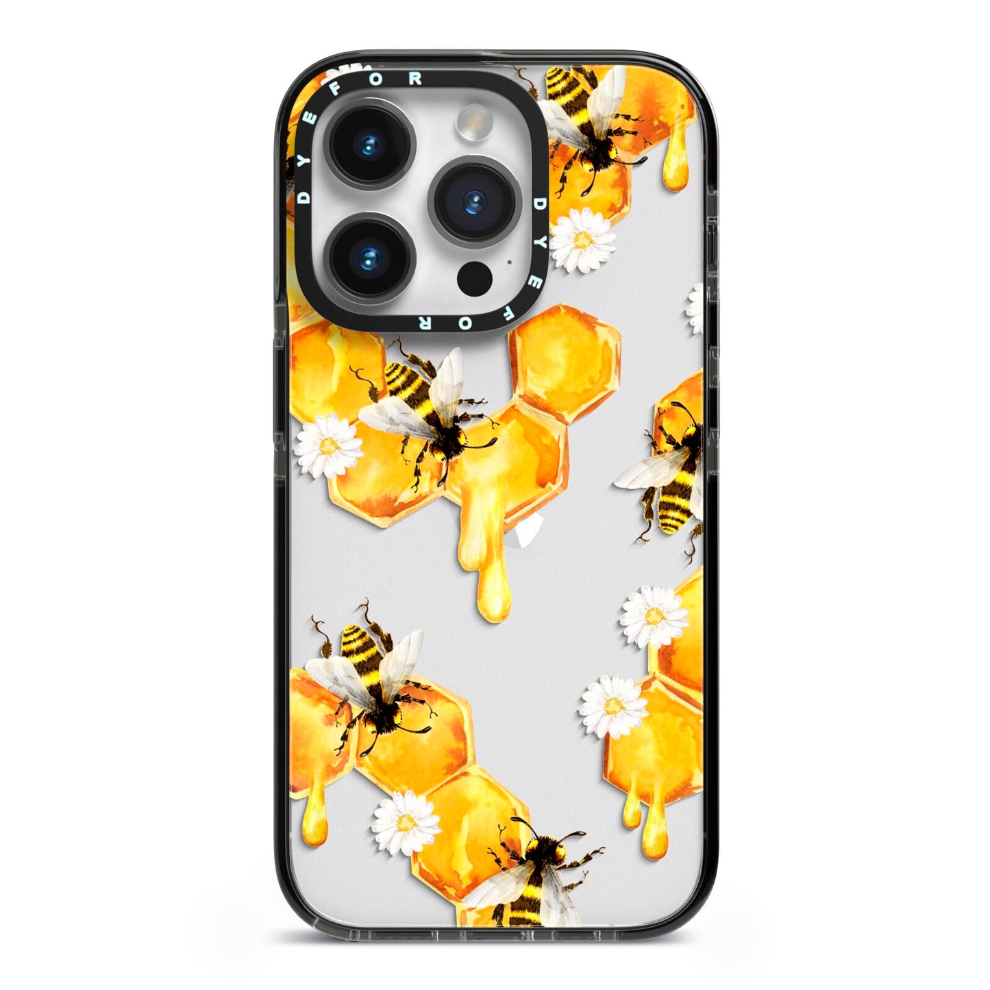 Honeycomb with Bees and Daisies iPhone 14 Pro Black Impact Case on Silver phone