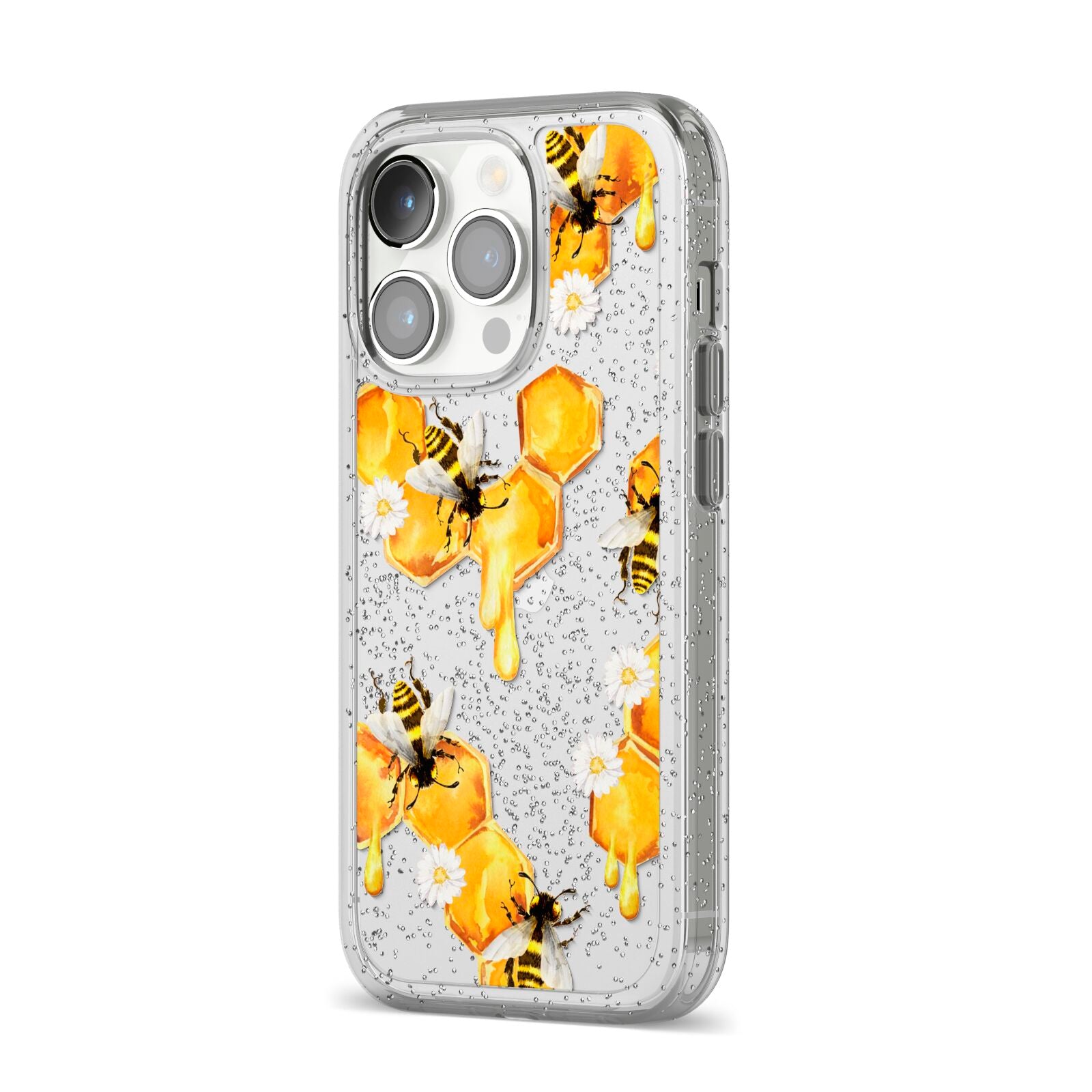 Honeycomb with Bees and Daisies iPhone 14 Pro Glitter Tough Case Silver Angled Image