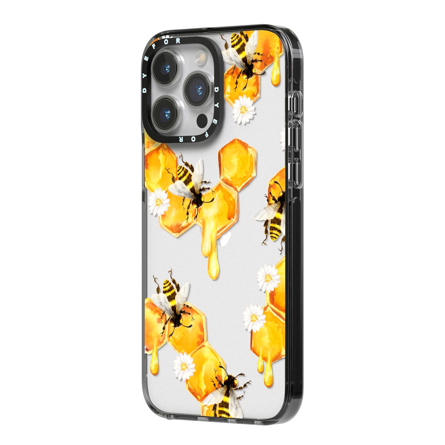 Honeycomb with Bees and Daisies iPhone 14 Pro Max Black Impact Case Side Angle on Silver phone