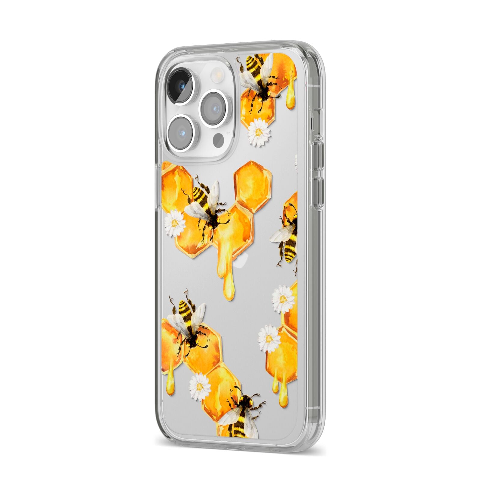 Honeycomb with Bees and Daisies iPhone 14 Pro Max Clear Tough Case Silver Angled Image