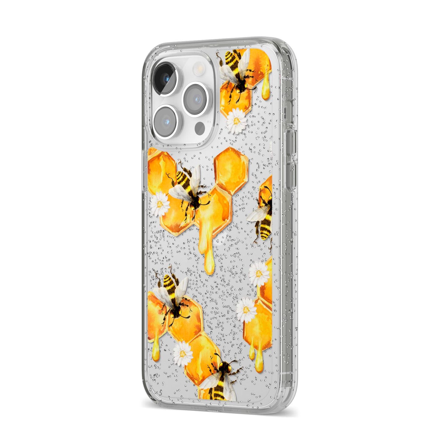 Honeycomb with Bees and Daisies iPhone 14 Pro Max Glitter Tough Case Silver Angled Image