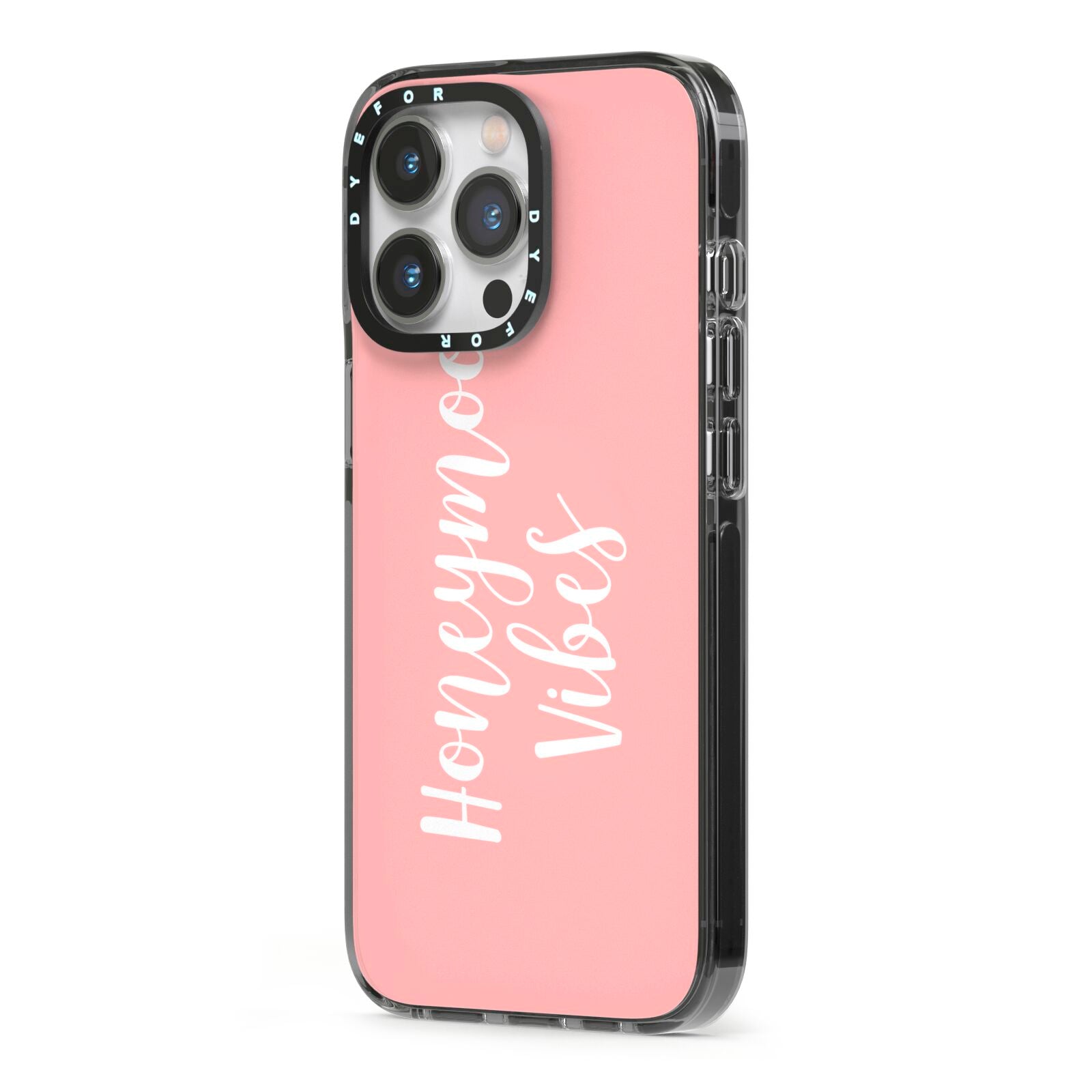 Honeymoon Vibes iPhone 13 Pro Black Impact Case Side Angle on Silver phone