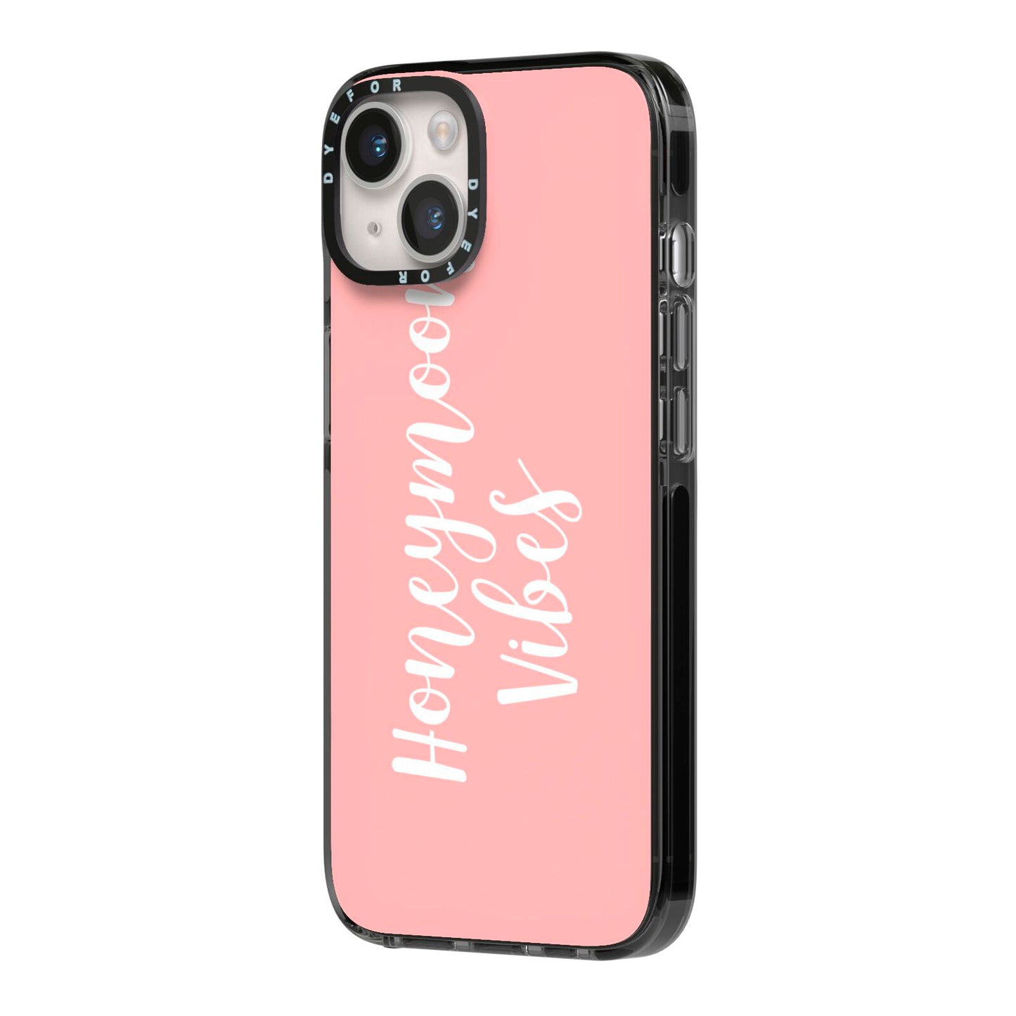 Honeymoon Vibes iPhone 14 Black Impact Case Side Angle on Silver phone