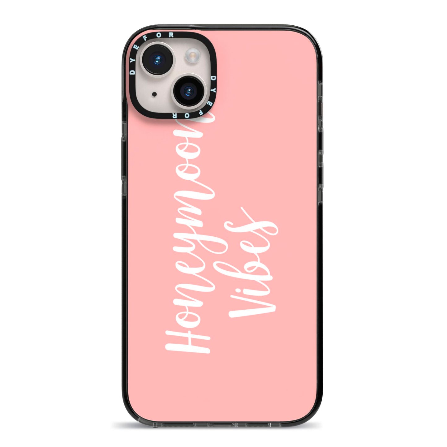 Honeymoon Vibes iPhone 14 Plus Black Impact Case on Silver phone