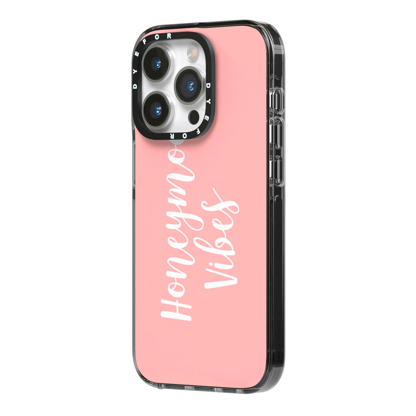 Honeymoon Vibes iPhone 14 Pro Black Impact Case Side Angle on Silver phone