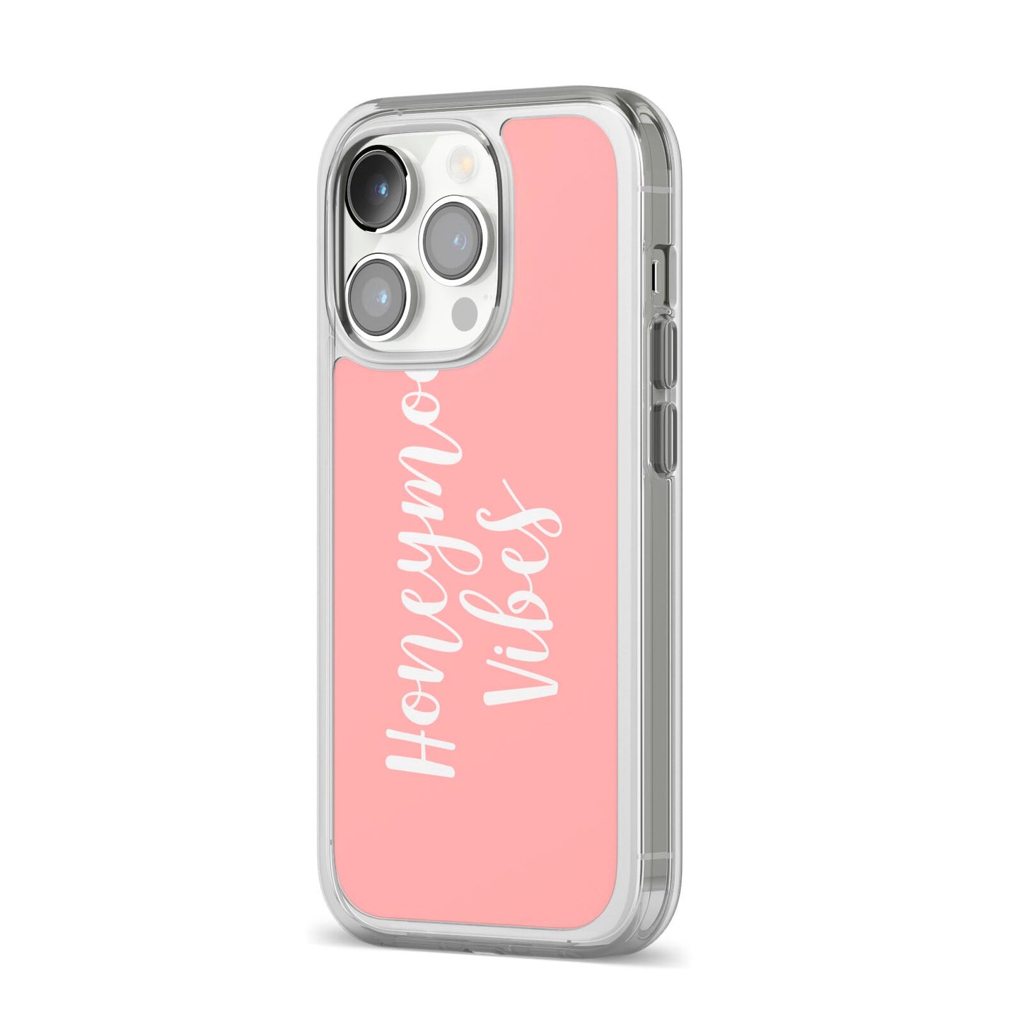 Honeymoon Vibes iPhone 14 Pro Clear Tough Case Silver Angled Image