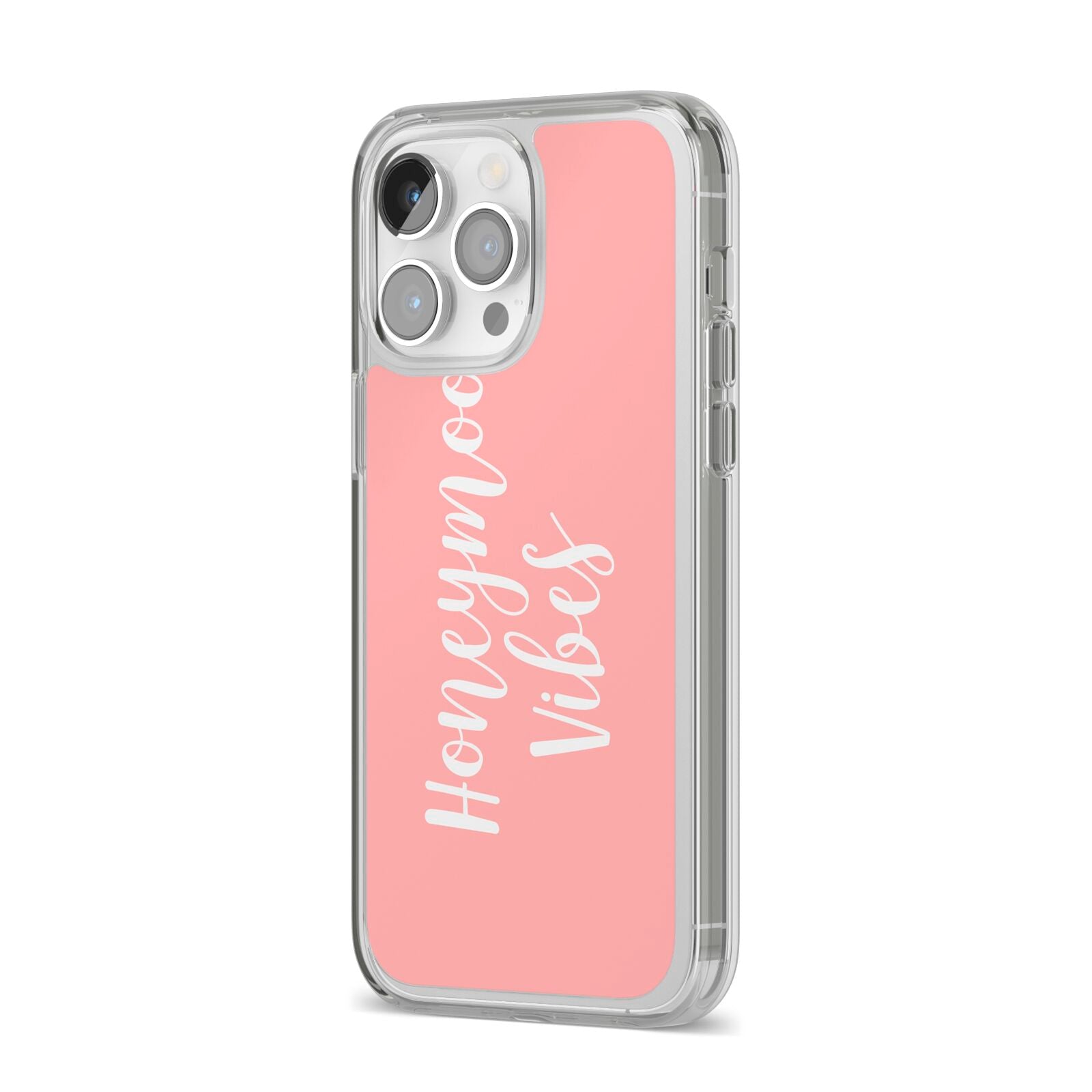 Honeymoon Vibes iPhone 14 Pro Max Clear Tough Case Silver Angled Image