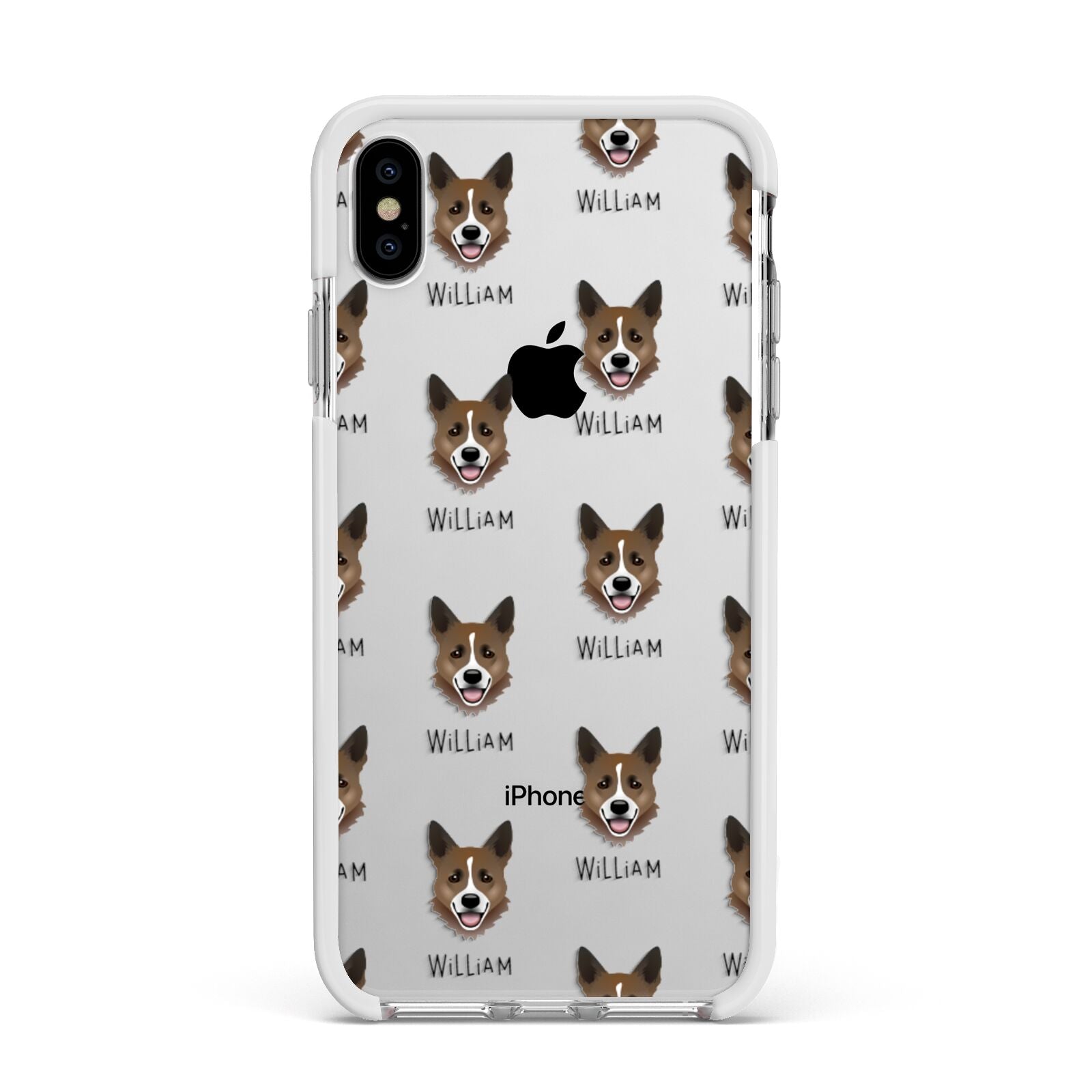 Horgi Icon with Name Apple iPhone Xs Max Impact Case White Edge on Silver Phone