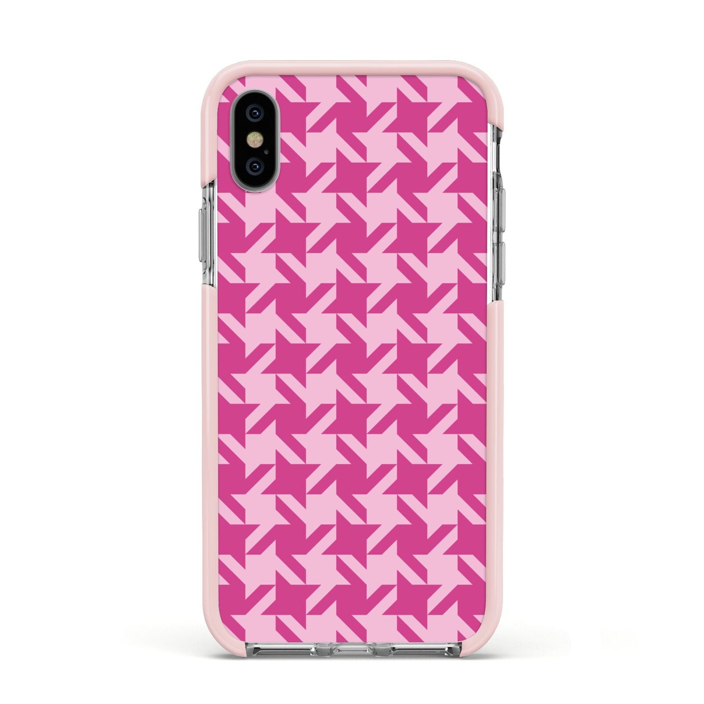 Houndstooth Apple iPhone Xs Impact Case Pink Edge on Silver Phone