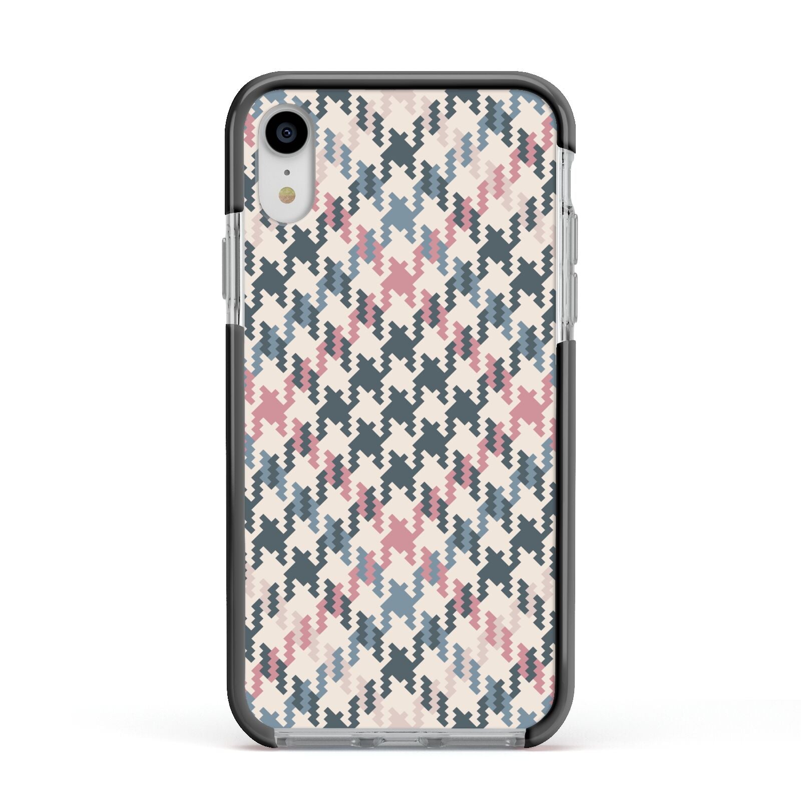 Houndstooth Fabric Effect Apple iPhone XR Impact Case Black Edge on Silver Phone