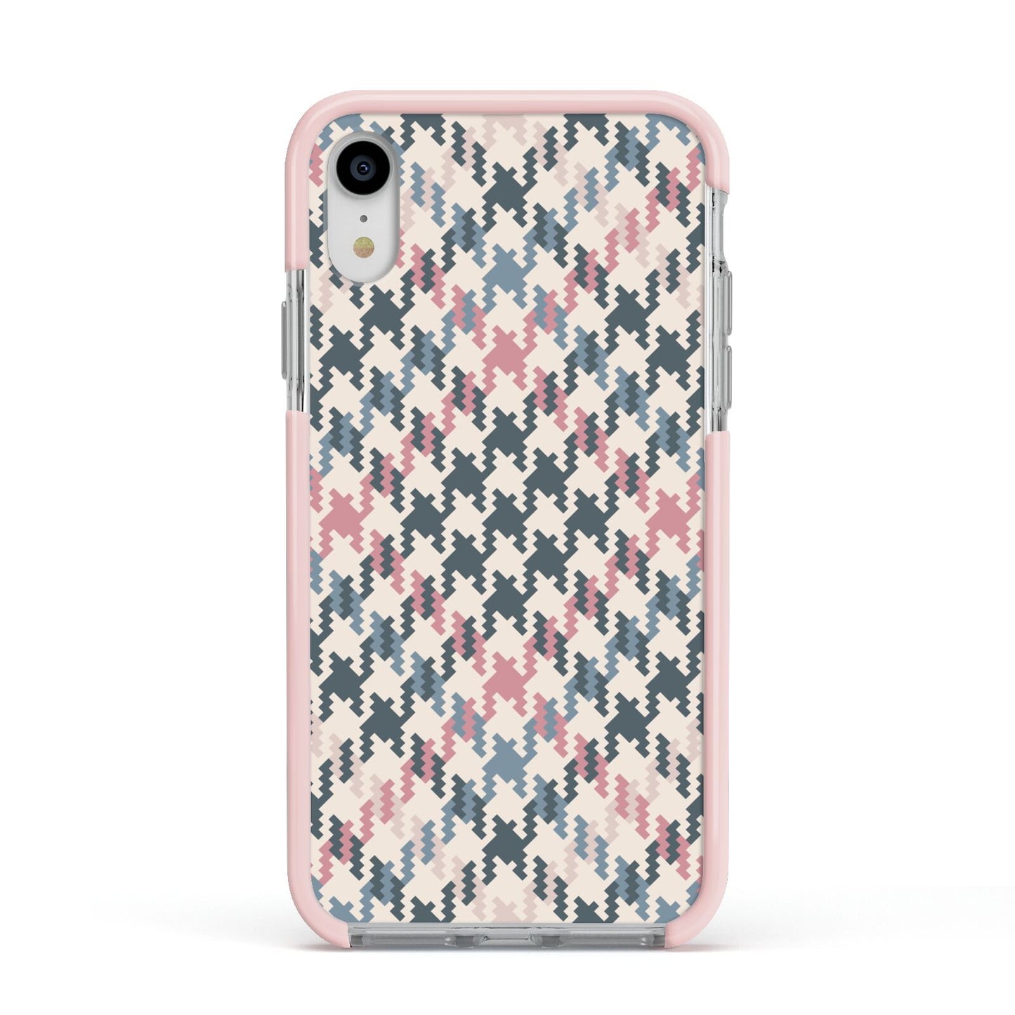 Houndstooth Fabric Effect Apple iPhone XR Impact Case Pink Edge on Silver Phone