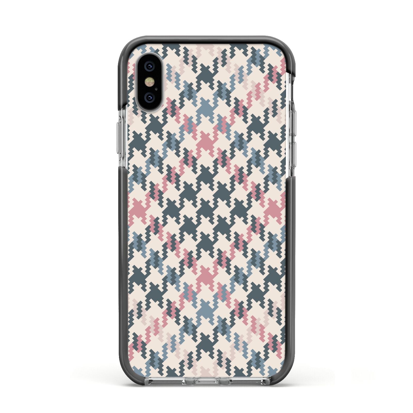 Houndstooth Fabric Effect Apple iPhone Xs Impact Case Black Edge on Silver Phone