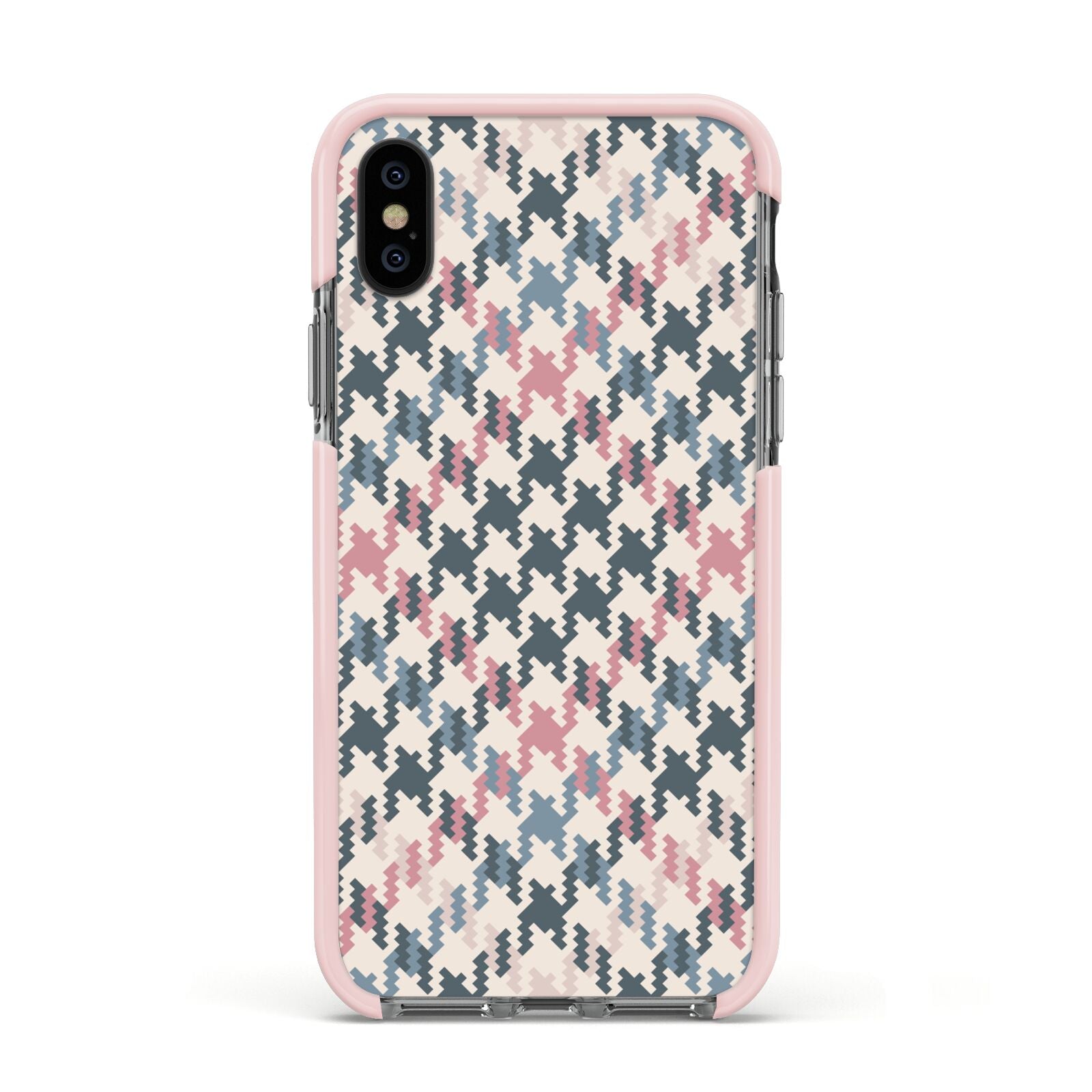 Houndstooth Fabric Effect Apple iPhone Xs Impact Case Pink Edge on Black Phone