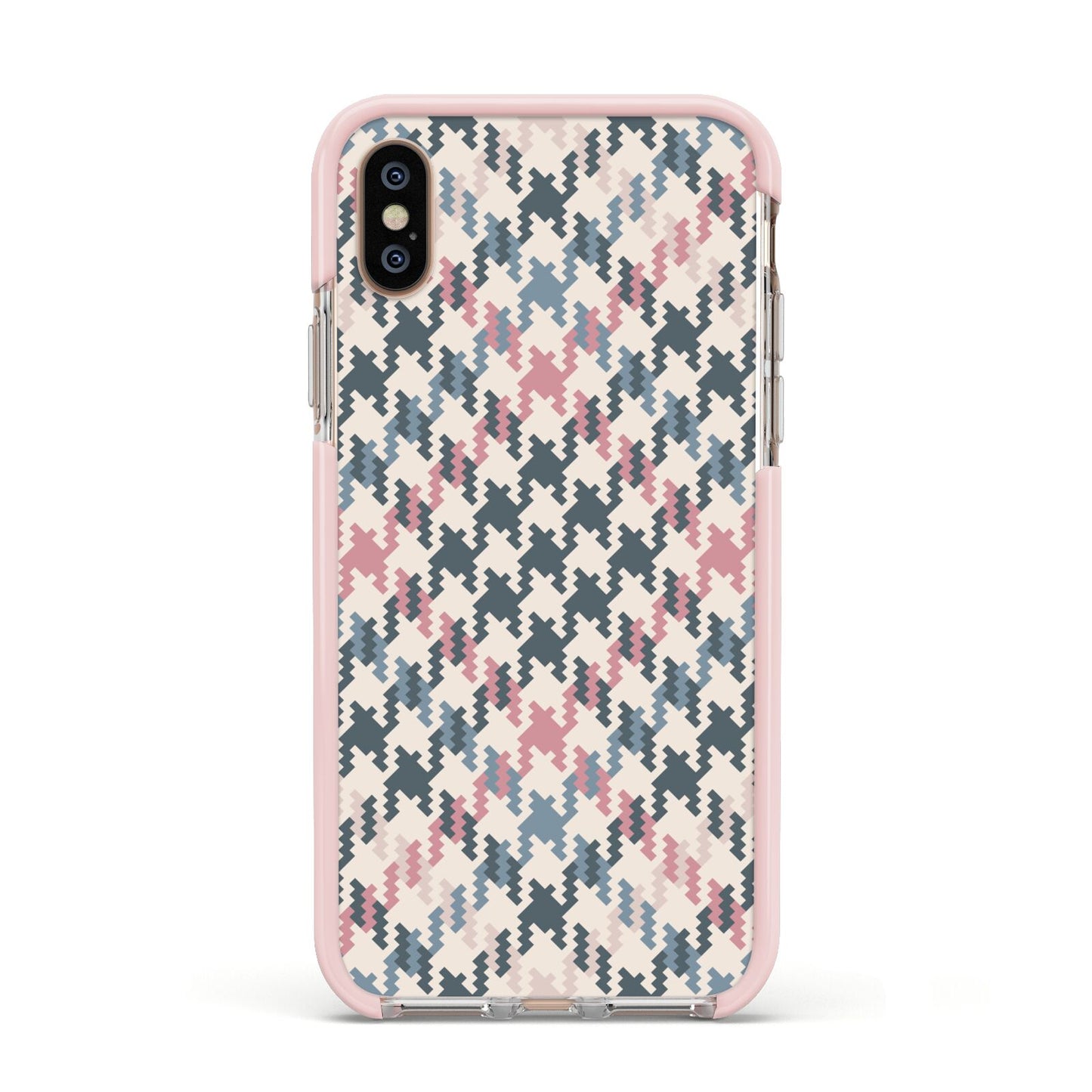 Houndstooth Fabric Effect Apple iPhone Xs Impact Case Pink Edge on Gold Phone