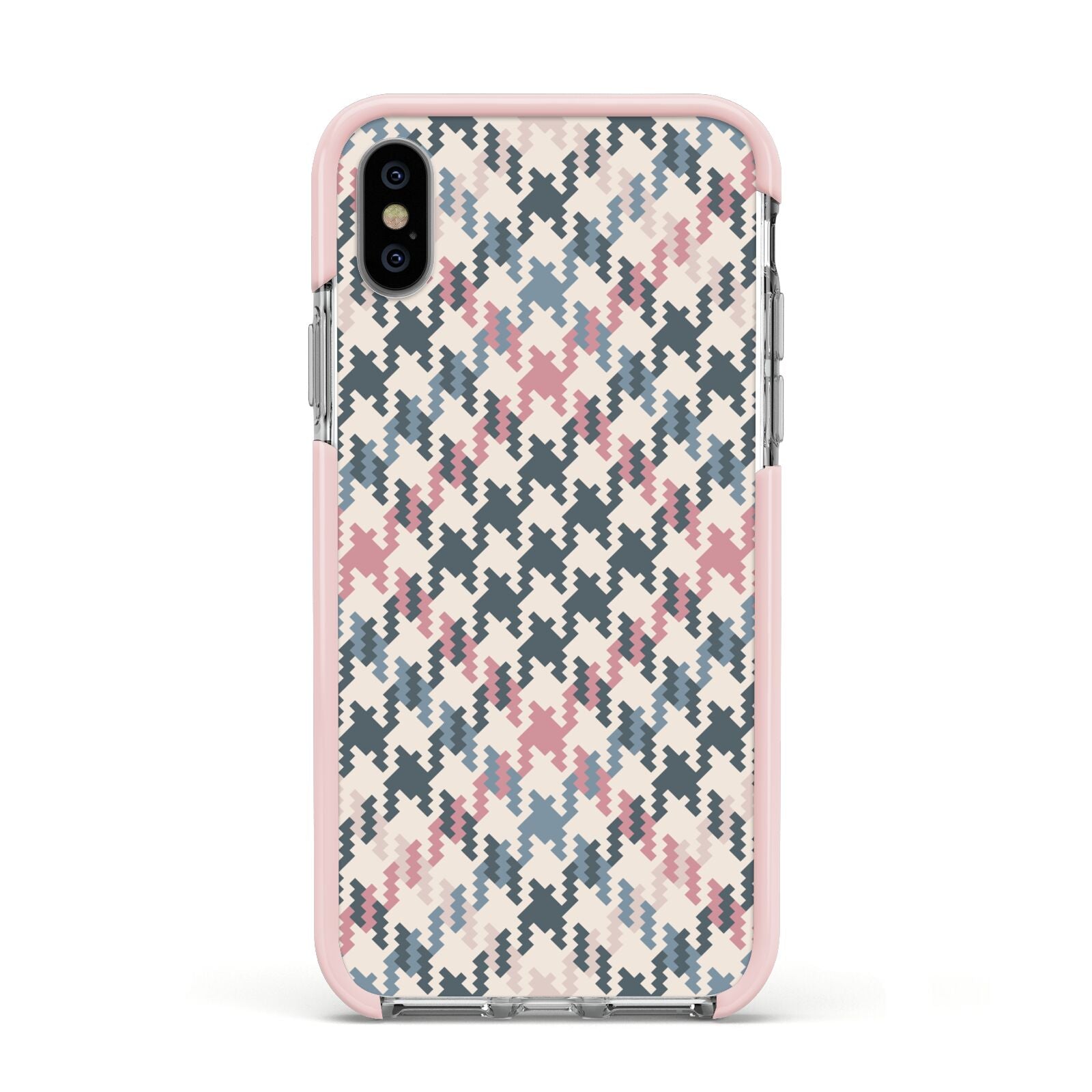 Houndstooth Fabric Effect Apple iPhone Xs Impact Case Pink Edge on Silver Phone